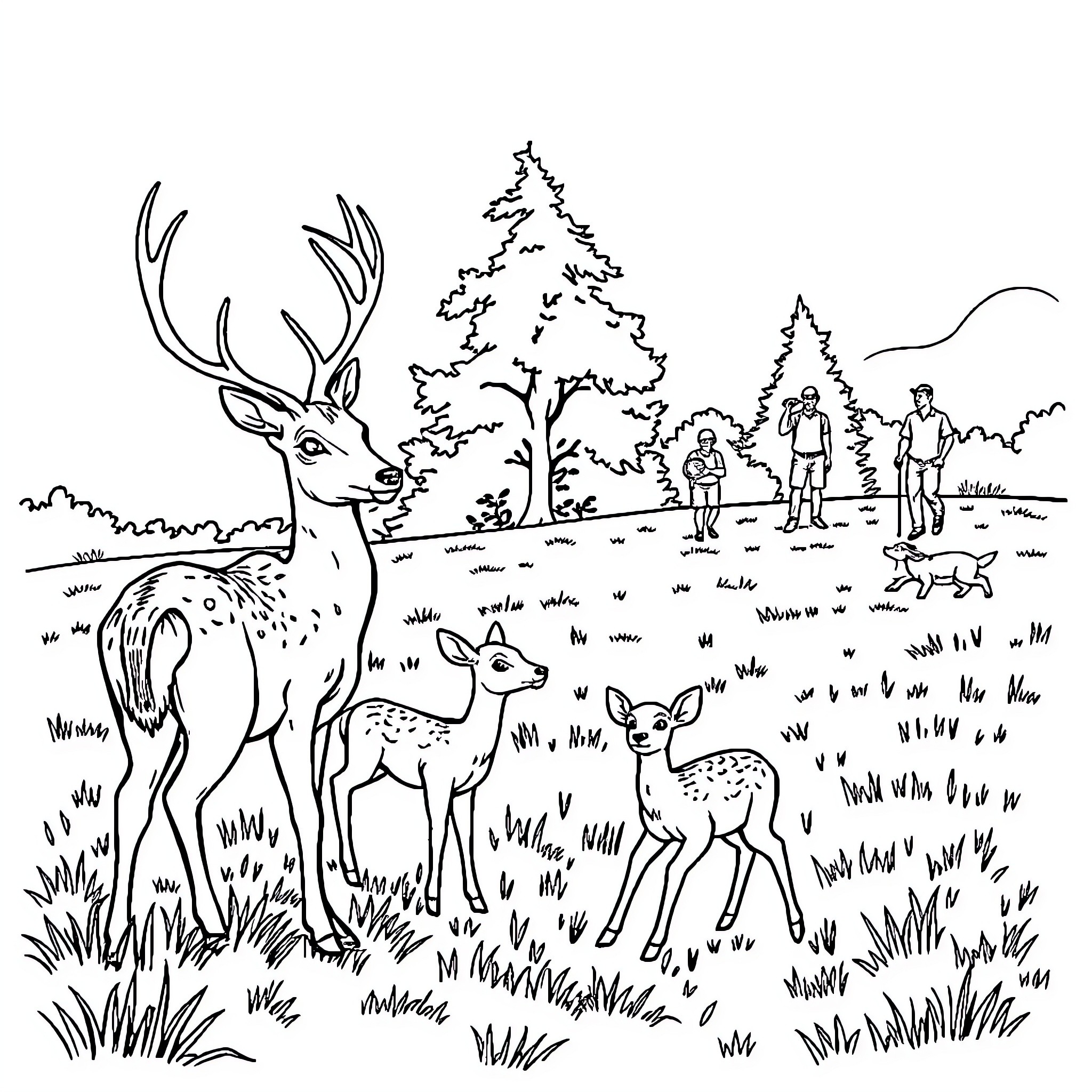 Deer family in the forest Coloring Page (free black-and-white line drawing printable PDF for all, from beginners to advanced learners, including children, teens, adults, and seniors)