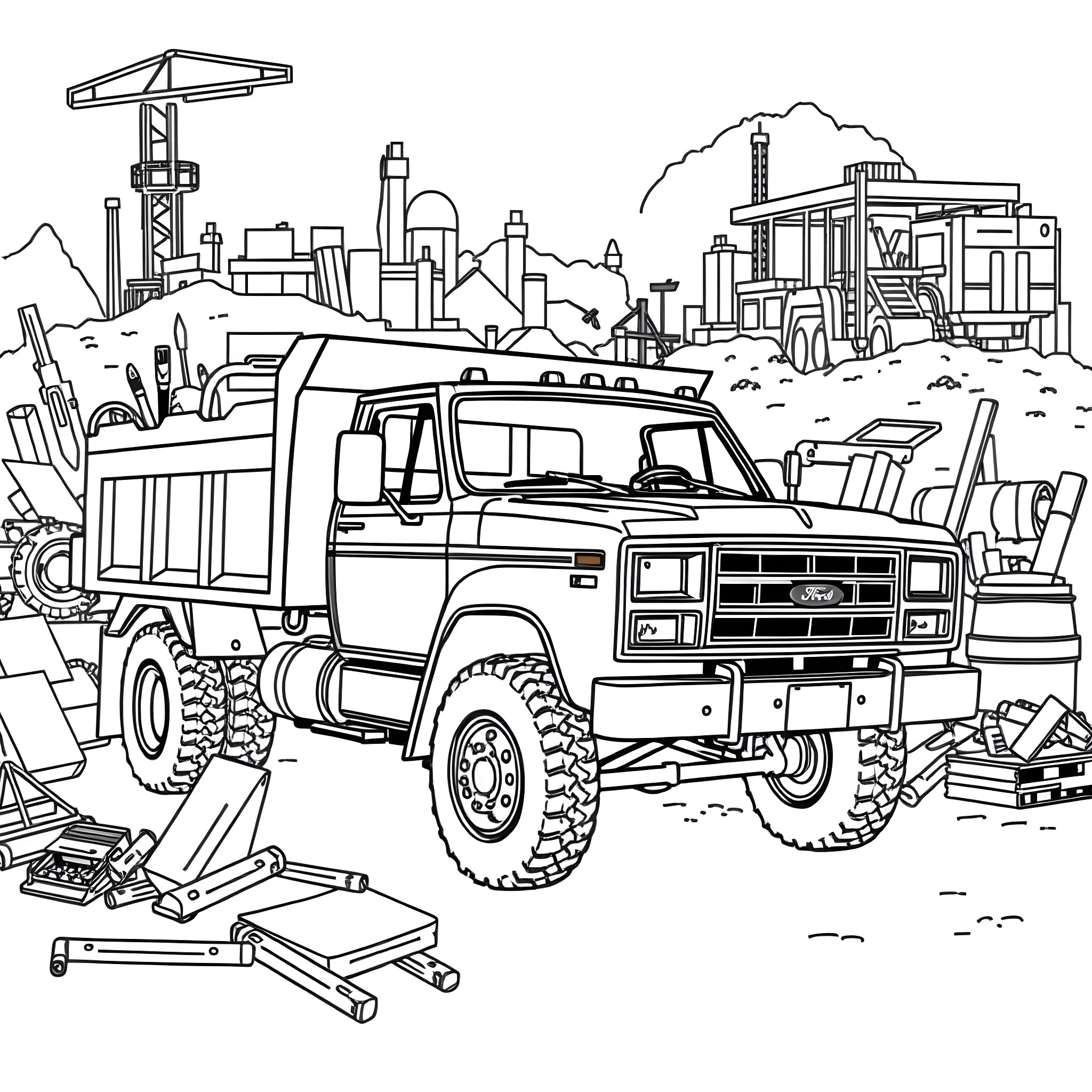 Ford Dually truck in a construction site Coloring Page (free black-and-white line drawing printable PDF for all, from beginners to advanced learners, including children, teens, adults, and seniors)
