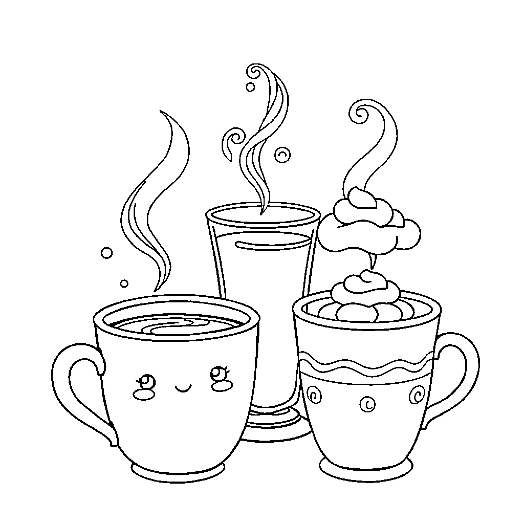 Cup of Cozy Drinks and Sweets Coloring Page (free black-and-white line drawing printable PDF for all, from beginners to advanced learners, including children, teens, adults, and seniors)