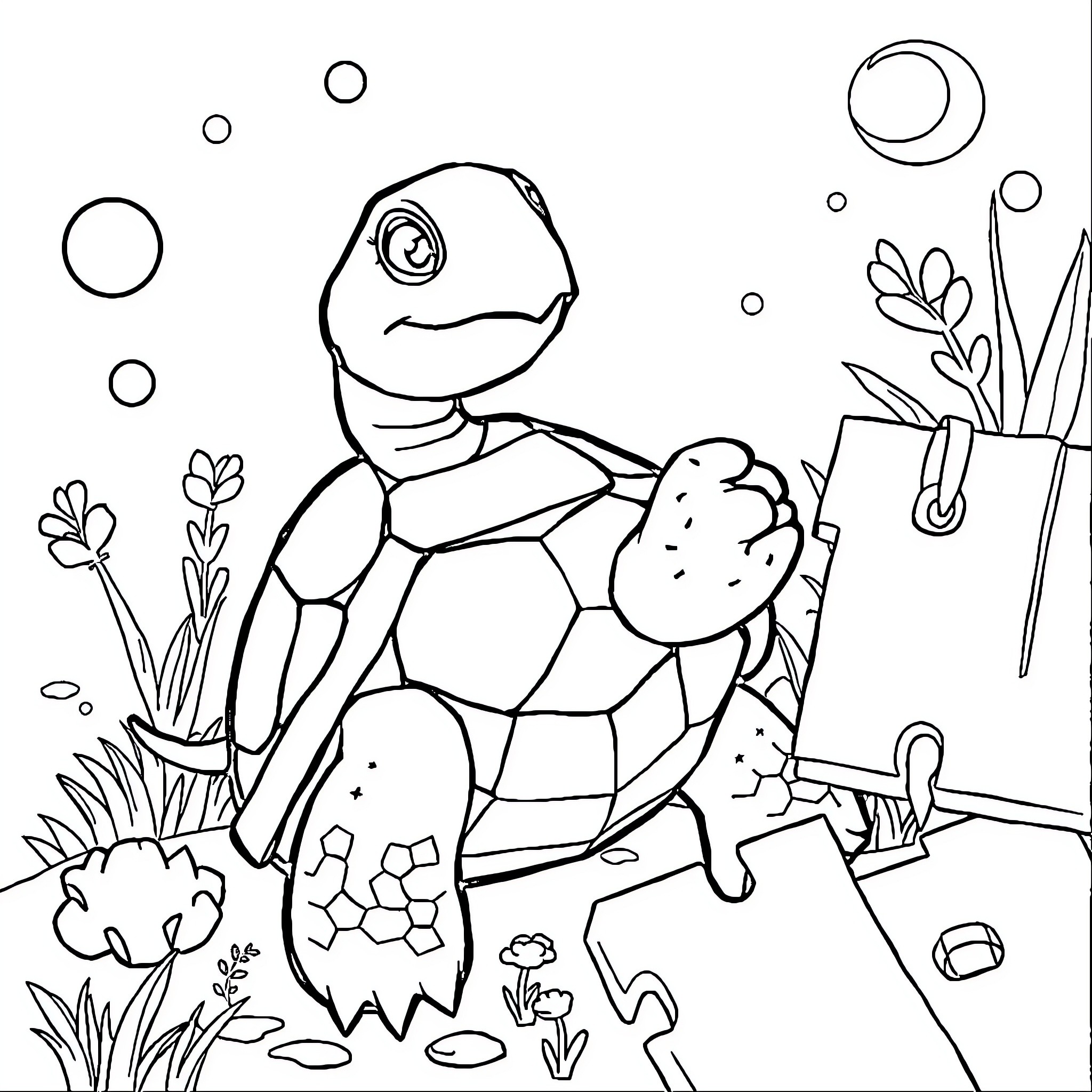 Turtle enjoying nature in the aquarium Coloring Page (free black-and-white line drawing printable PDF for all, from beginners to advanced learners, including children, teens, adults, and seniors)