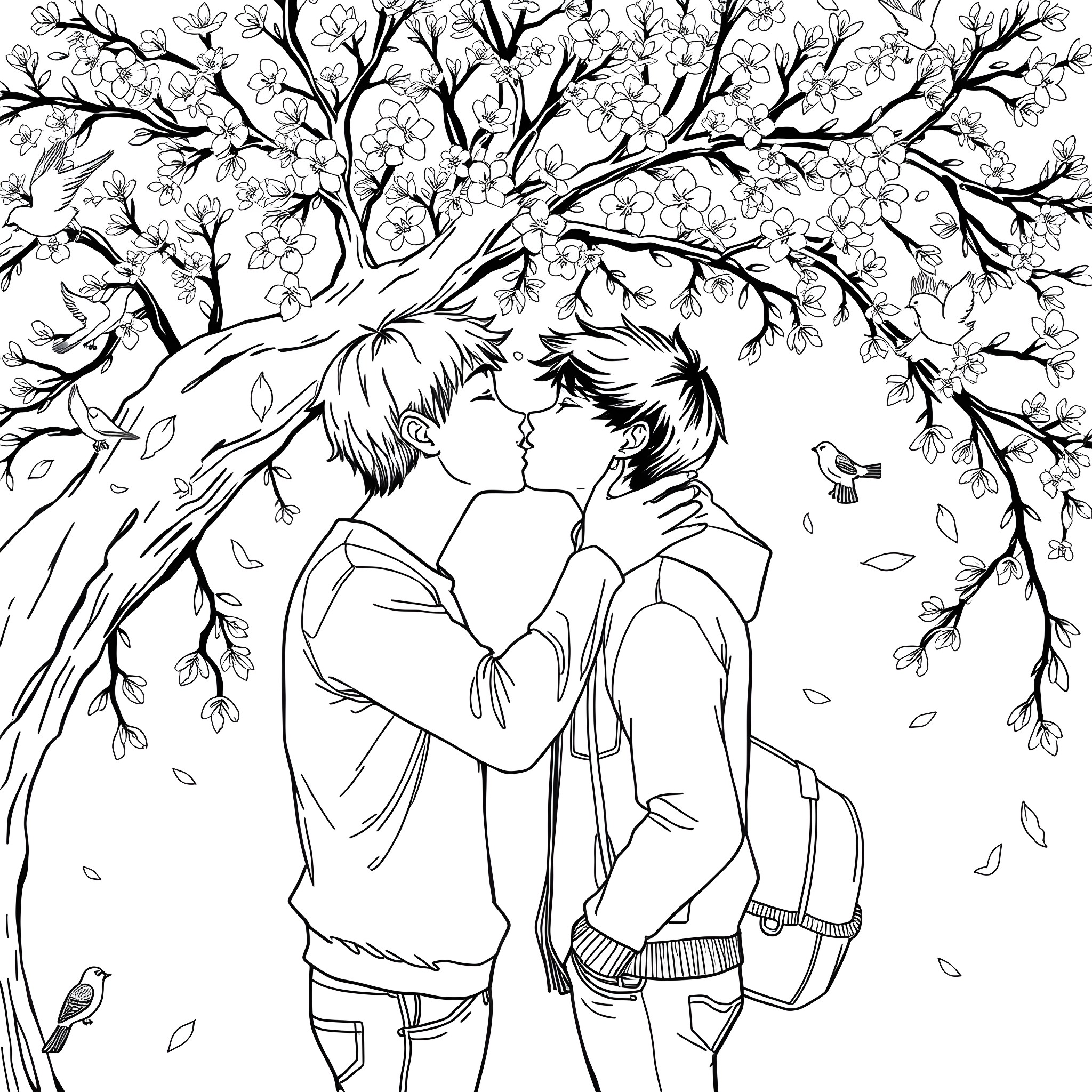 Twink Couple Embracing Under Blossoming Tree Coloring Page (free black-and-white line drawing printable PDF for all, from beginners to advanced learners, including children, teens, adults, and seniors)