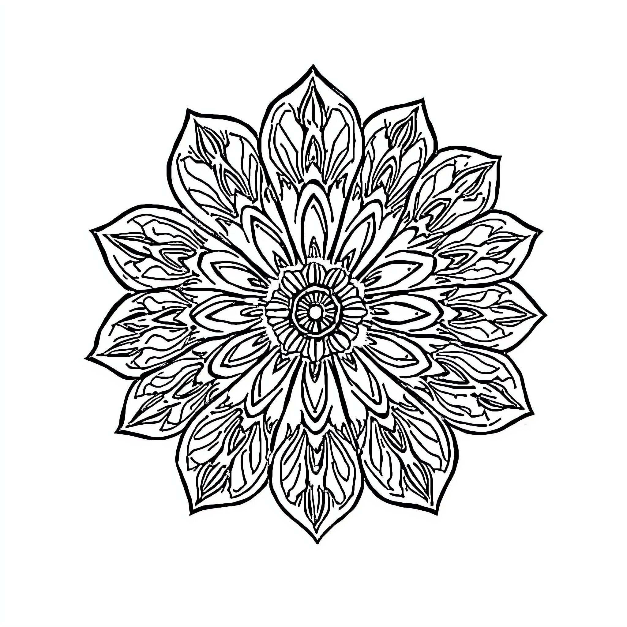 Flower mandala design with intricate patterns Coloring Page (free black-and-white line drawing printable PDF for all, from beginners to advanced learners, including children, teens, adults, and seniors)