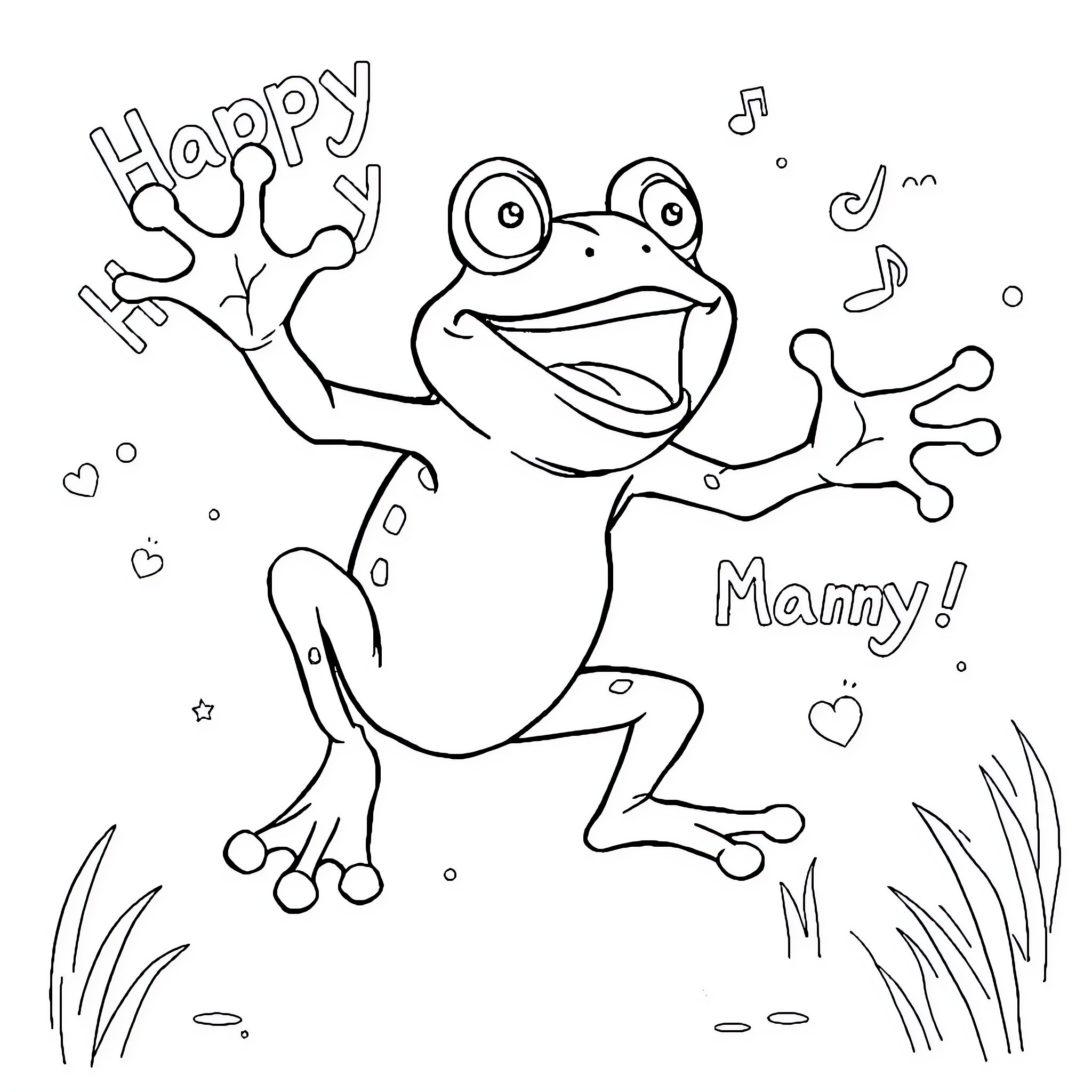 Frog celebrating happily with music notes Coloring Page (free black-and-white line drawing printable PDF for all, from beginners to advanced learners, including children, teens, adults, and seniors)