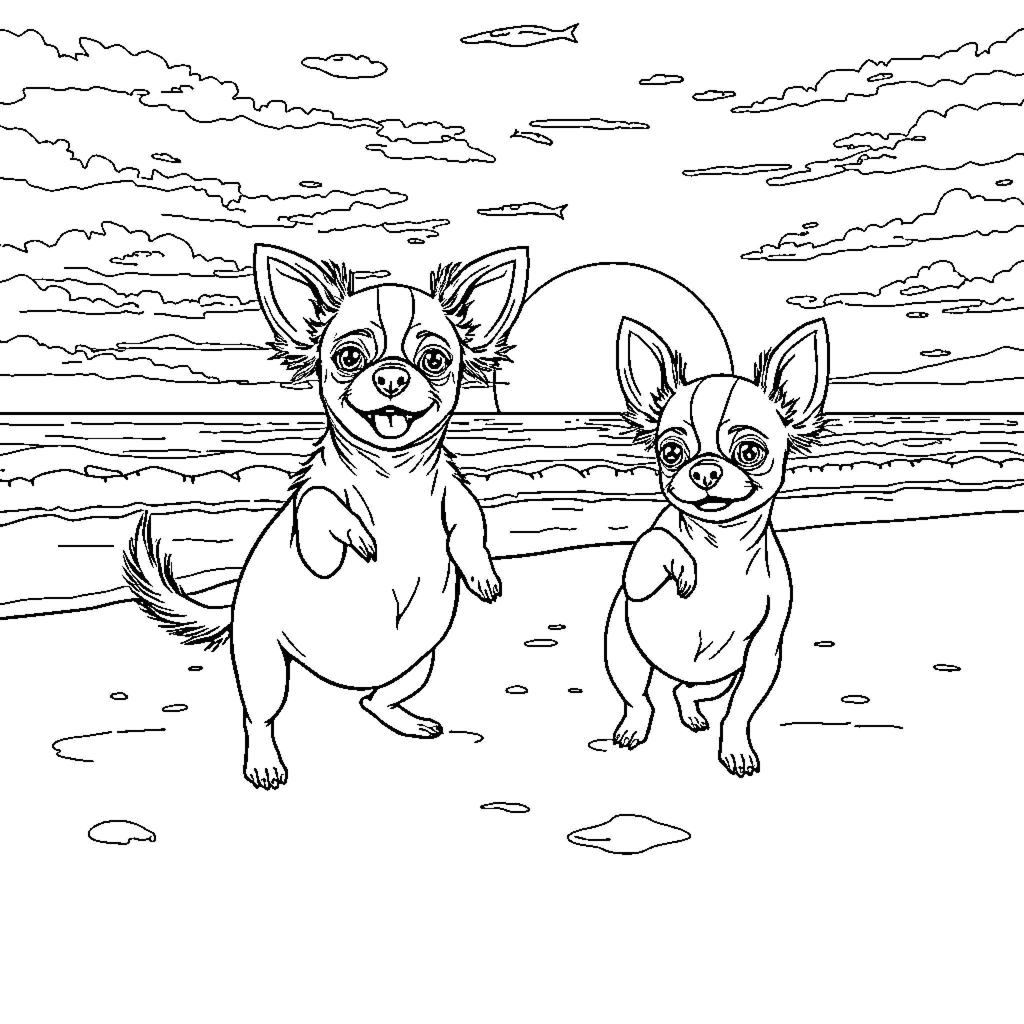 Chihuahua friends enjoying the beach Coloring Page (free black-and-white line drawing printable PDF for all, from beginners to advanced learners, including children, teens, adults, and seniors)