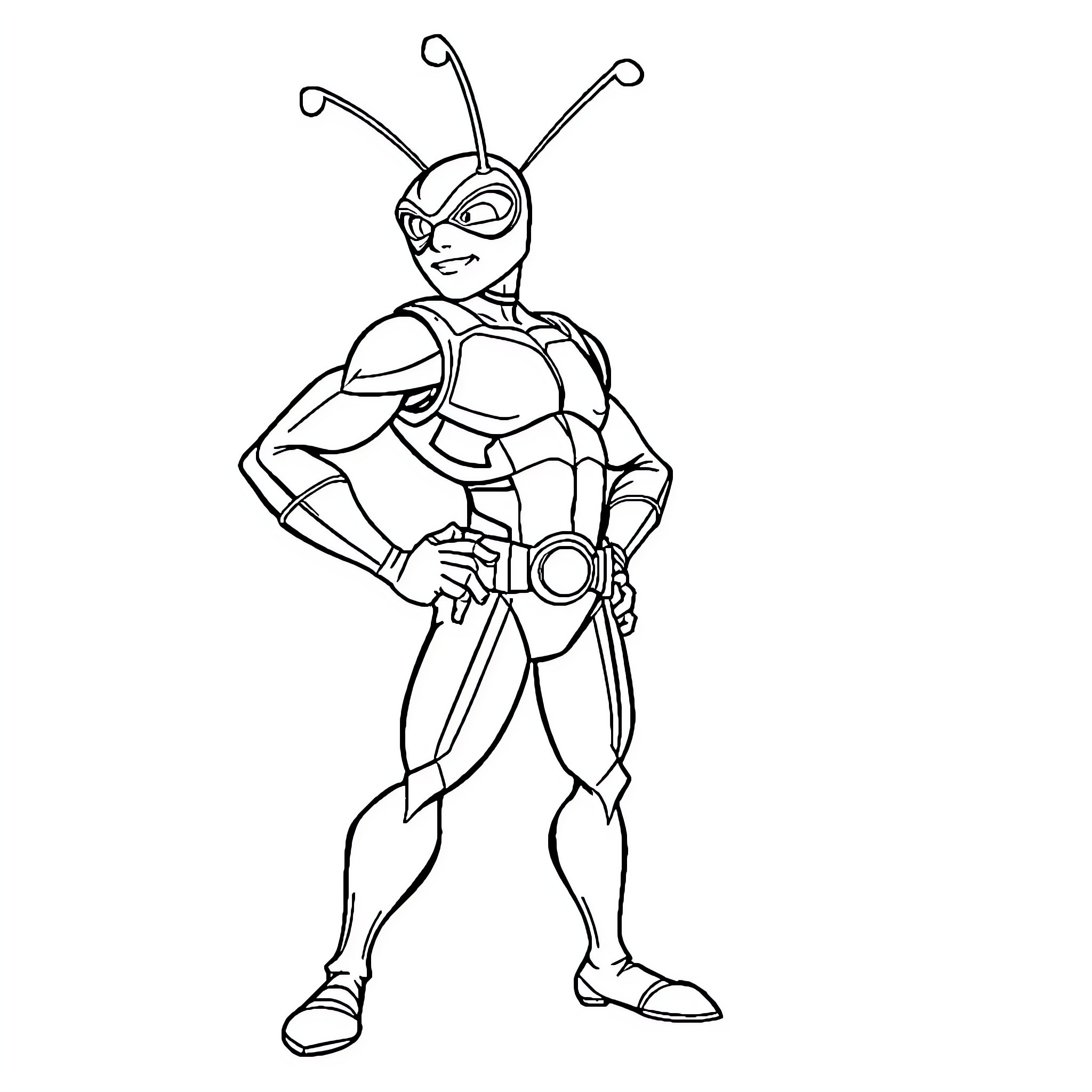 Antman striking a heroic pose in his costume Coloring Page (free black-and-white line drawing printable PDF for all, from beginners to advanced learners, including children, teens, adults, and seniors)