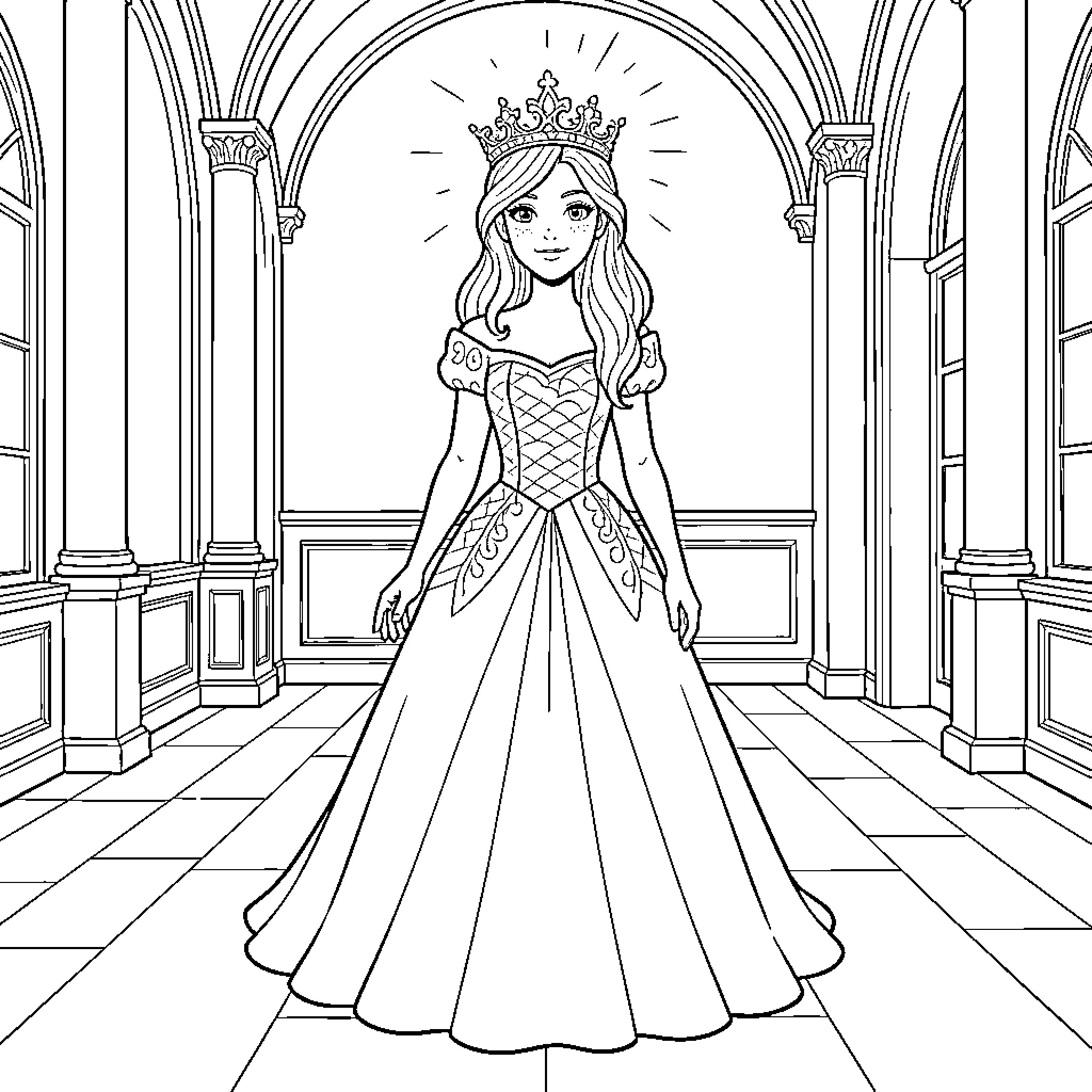Princess wearing a crown and gown in a palace Coloring Page (free black-and-white line drawing printable PDF for all, from beginners to advanced learners, including children, teens, adults, and seniors)
