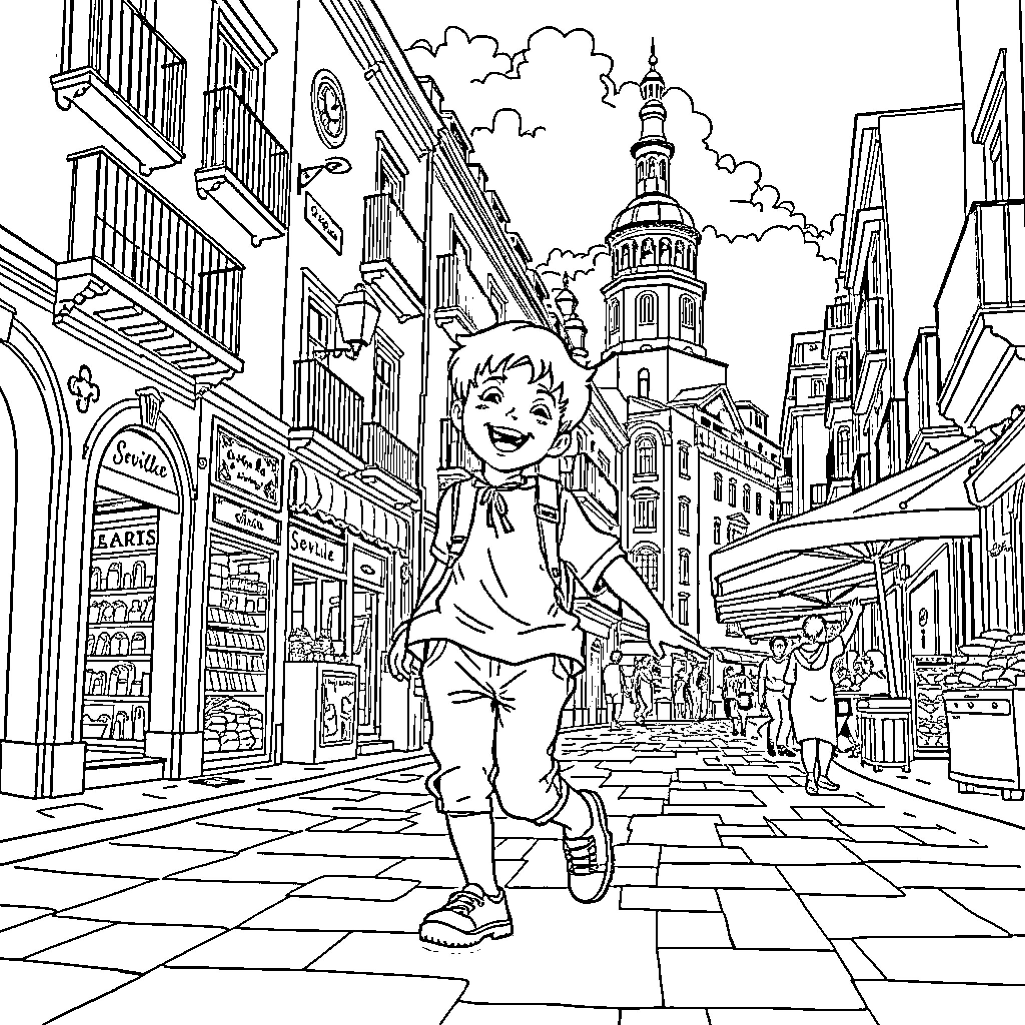 Boy exploring the bustling city streets Coloring Page (free black-and-white line drawing printable PDF for all, from beginners to advanced learners, including children, teens, adults, and seniors)