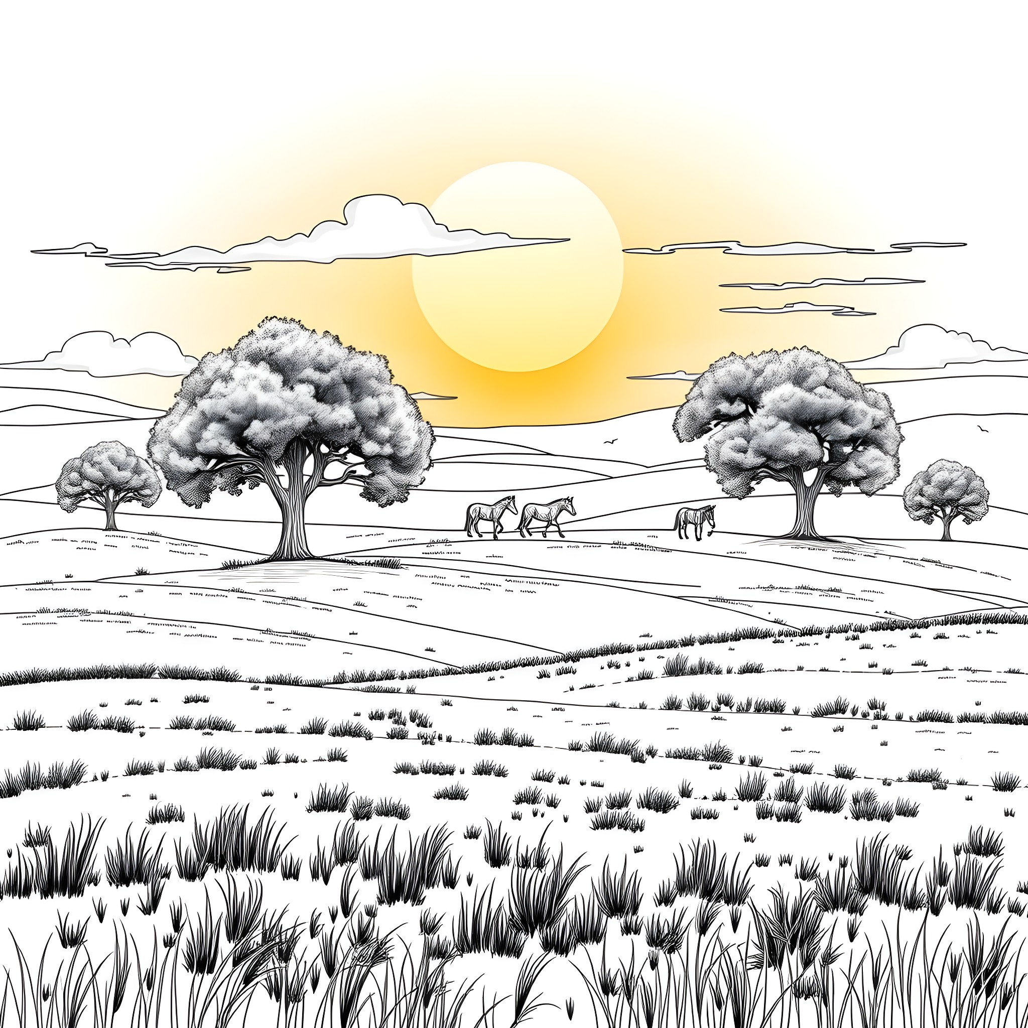 Horse grazing in a scenic rural landscape Coloring Page (free black-and-white line drawing printable PDF for all, from beginners to advanced learners, including children, teens, adults, and seniors)