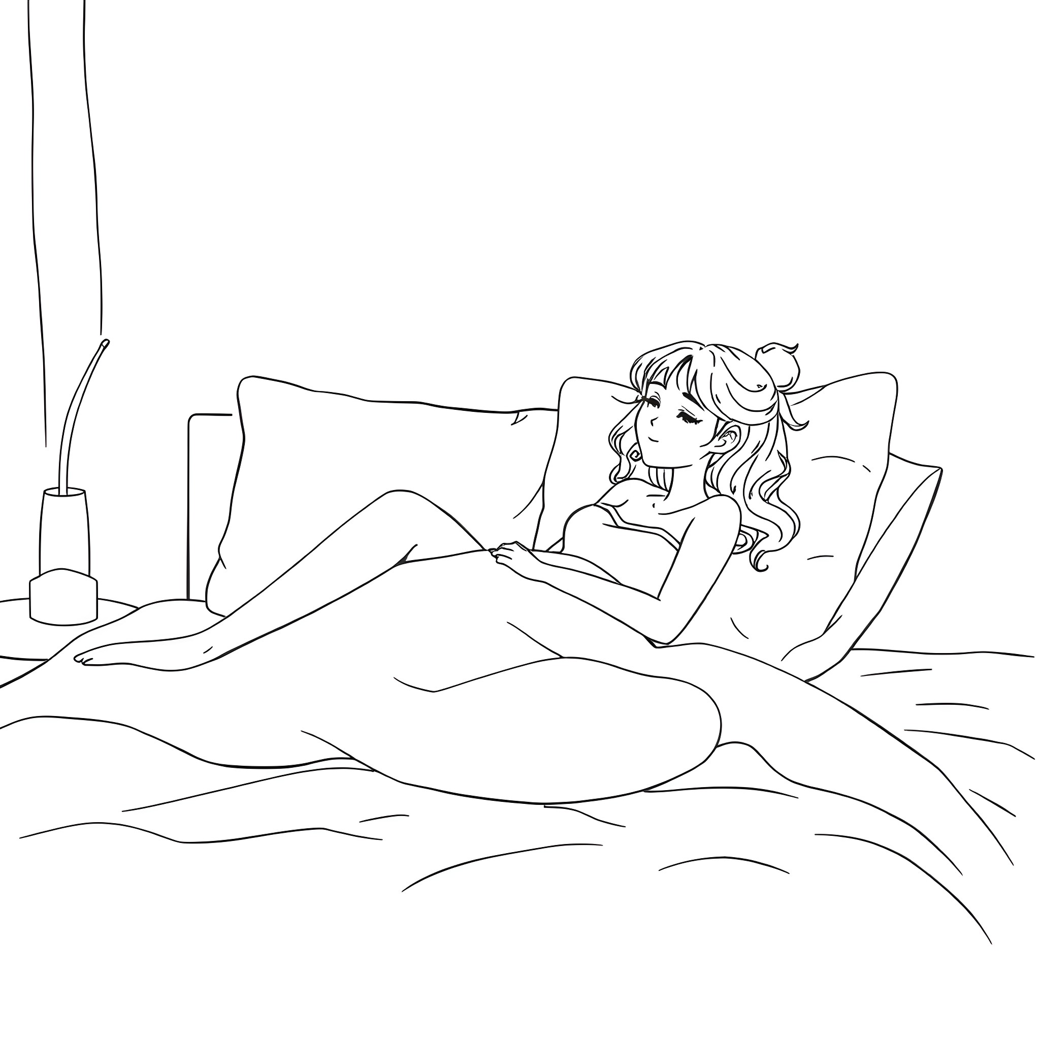 Girl relaxing comfortably on couch Coloring Page (free black-and-white line drawing printable PDF for all, from beginners to advanced learners, including children, teens, adults, and seniors)