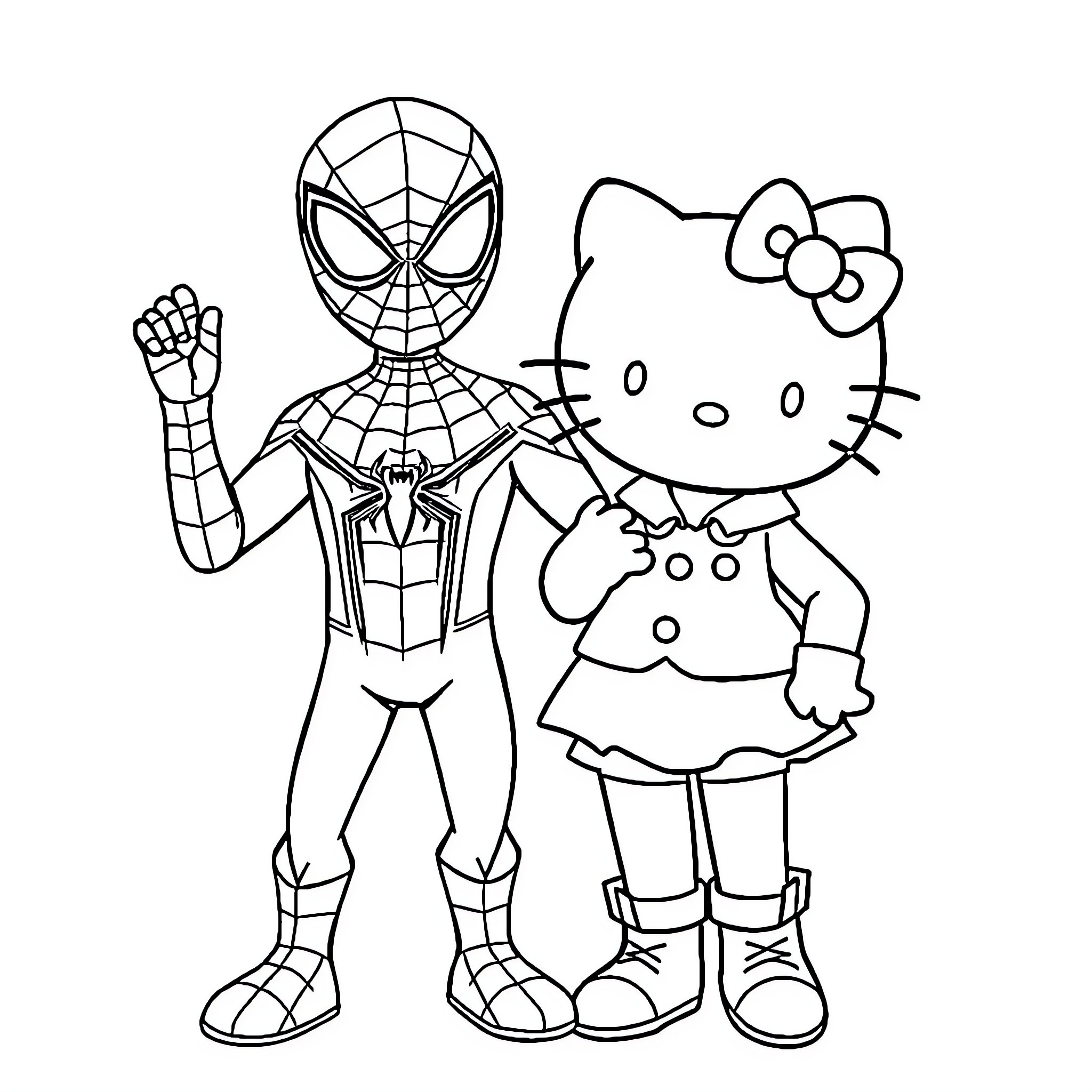 Hello Kitty meets Spiderman in a playful scene Coloring Page (free black-and-white line drawing printable PDF for all, from beginners to advanced learners, including children, teens, adults, and seniors)