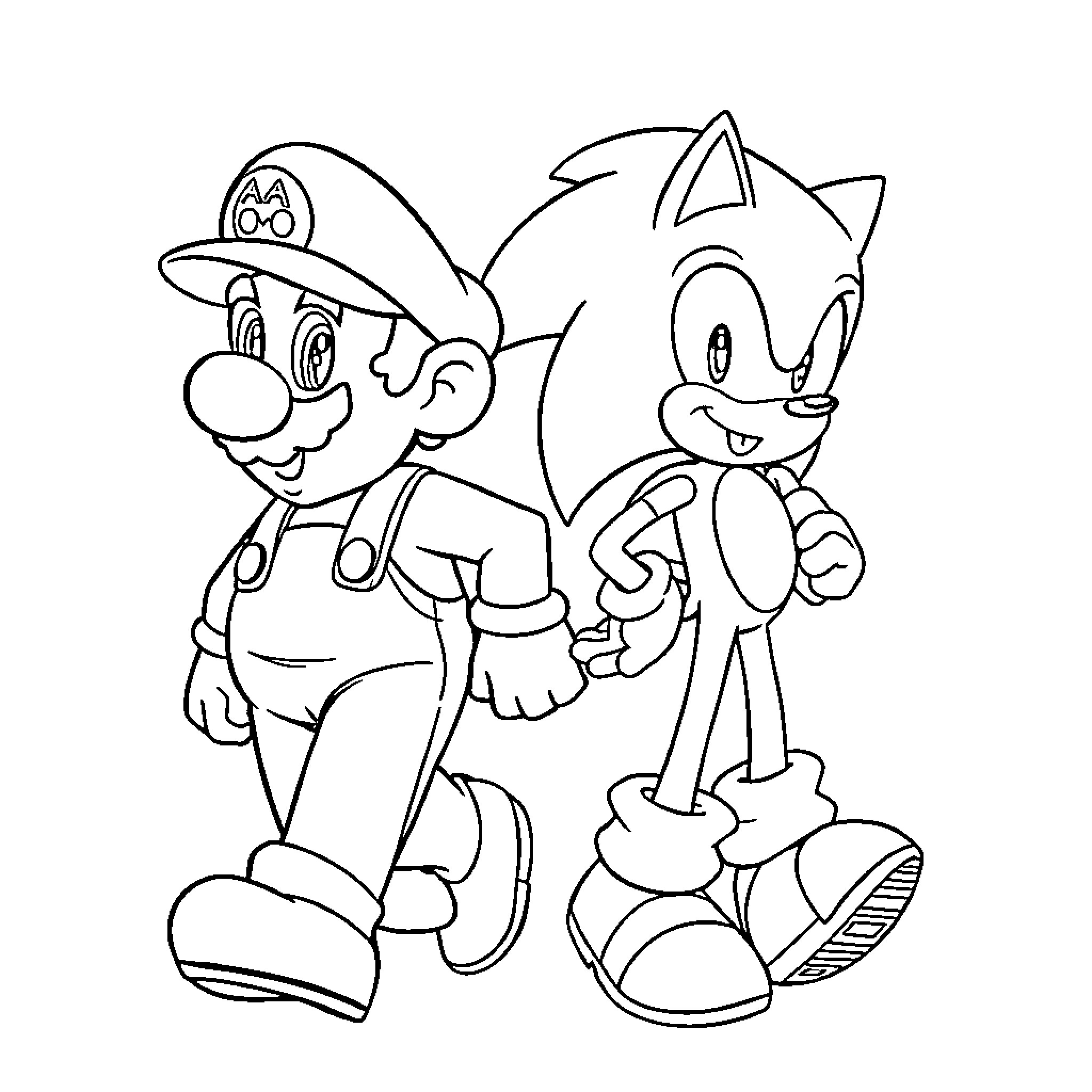 Mario and Sonic in cartoon-style adventure Coloring Page (free black-and-white line drawing printable PDF for all, from beginners to advanced learners, including children, teens, adults, and seniors)