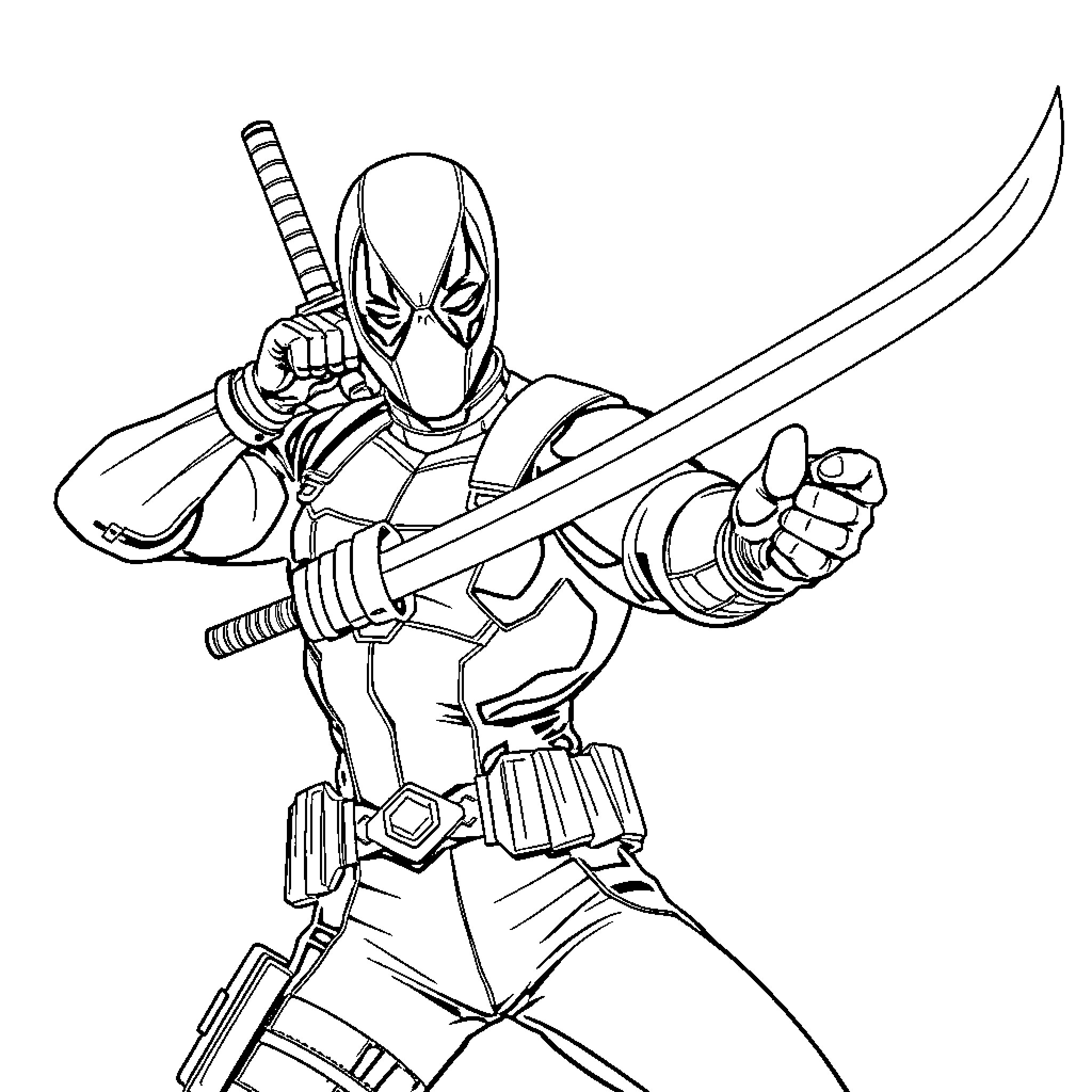 Deadpool wielding swords in action pose Coloring Page (free black-and-white line drawing printable PDF for all, from beginners to advanced learners, including children, teens, adults, and seniors)