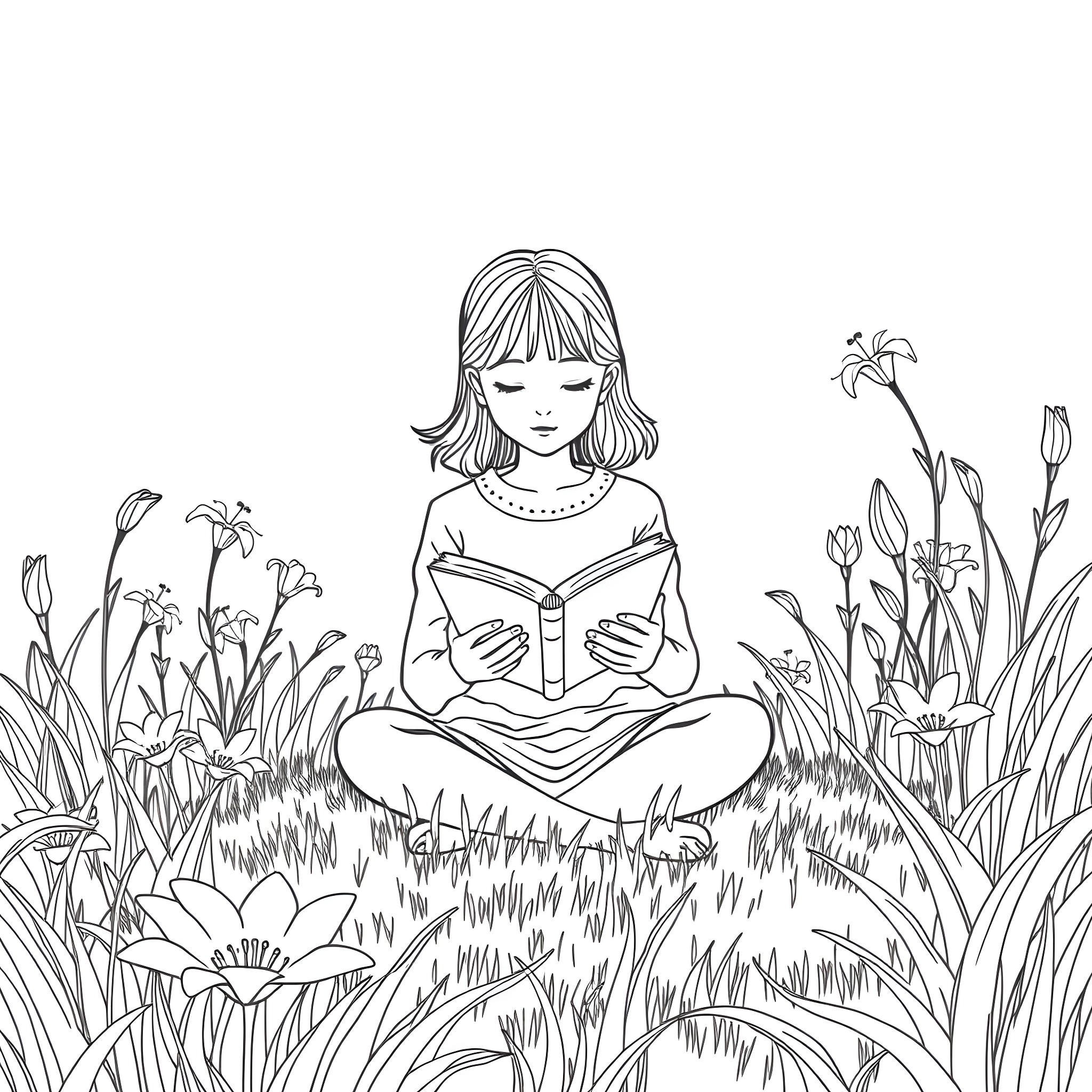 Lily reading a book in a flowery meadow Coloring Page (free black-and-white line drawing printable PDF for all, from beginners to advanced learners, including children, teens, adults, and seniors)