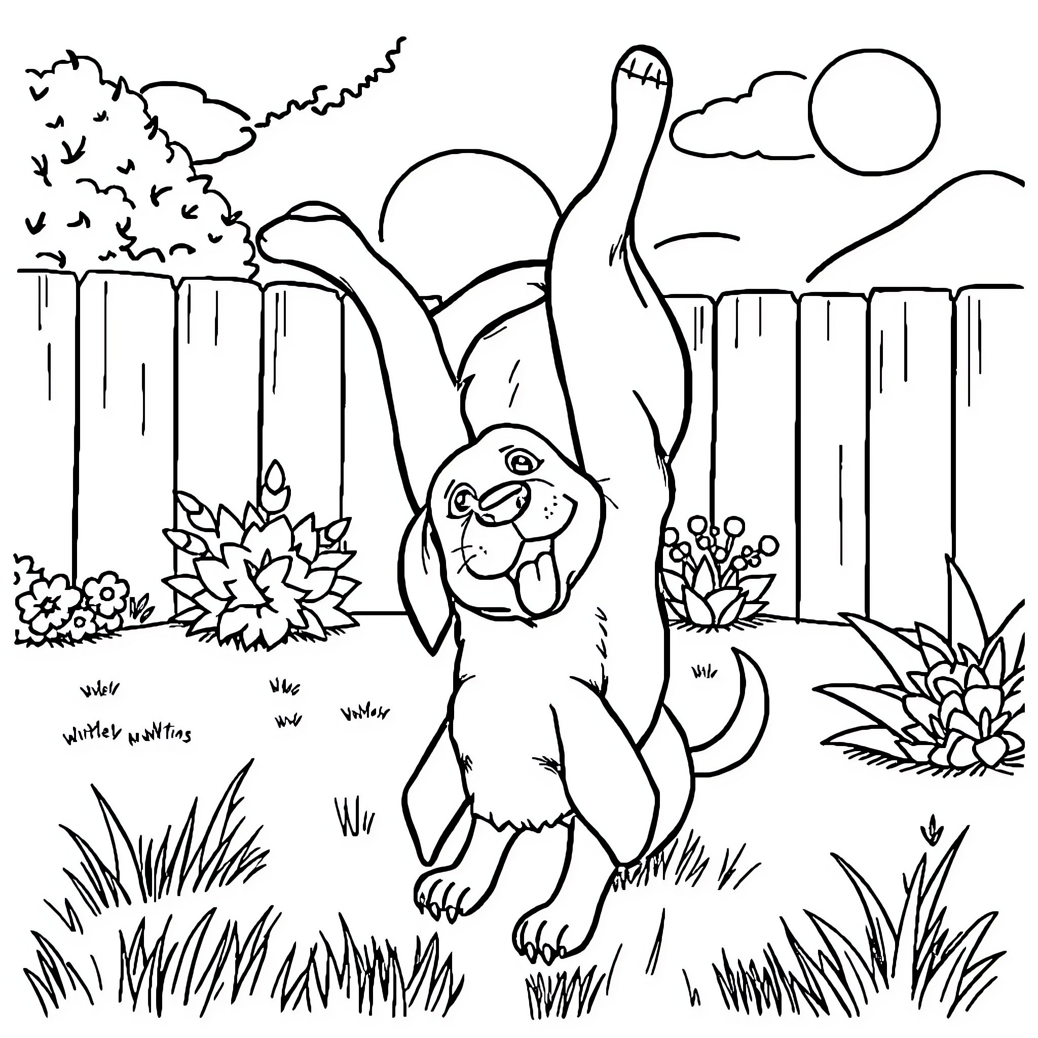 Dog playing happily in the park Coloring Page (free black-and-white line drawing printable PDF for all, from beginners to advanced learners, including children, teens, adults, and seniors)