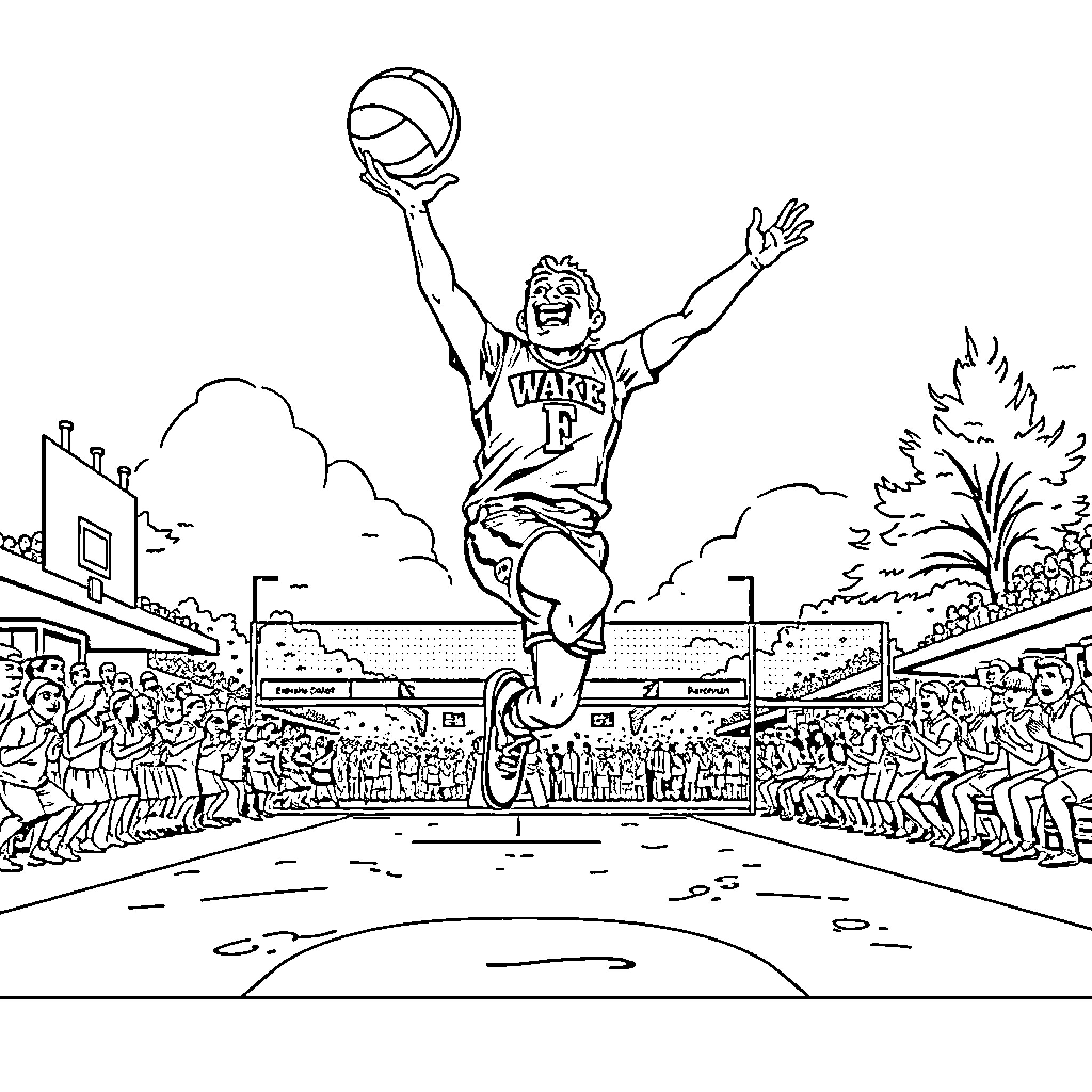 Demon Deacon's triumphant basketball dunk Coloring Page (free black-and-white line drawing printable PDF for all, from beginners to advanced learners, including children, teens, adults, and seniors)