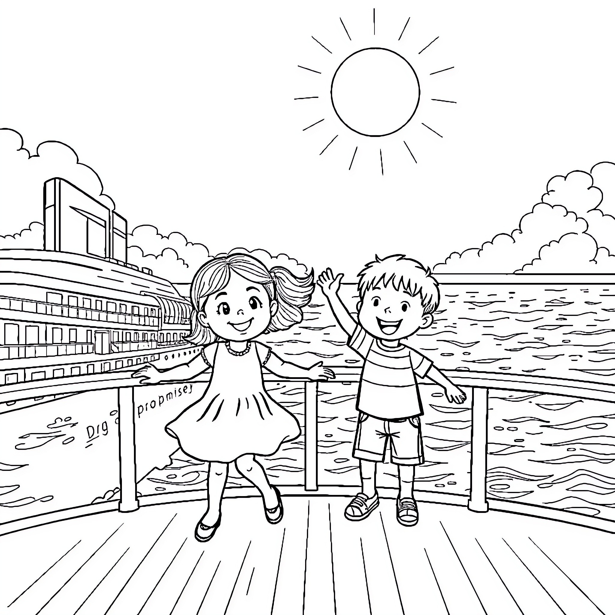 Child's Joyful Day at the Seaside Coloring Page (free black-and-white line drawing printable PDF for all, from beginners to advanced learners, including children, teens, adults, and seniors)