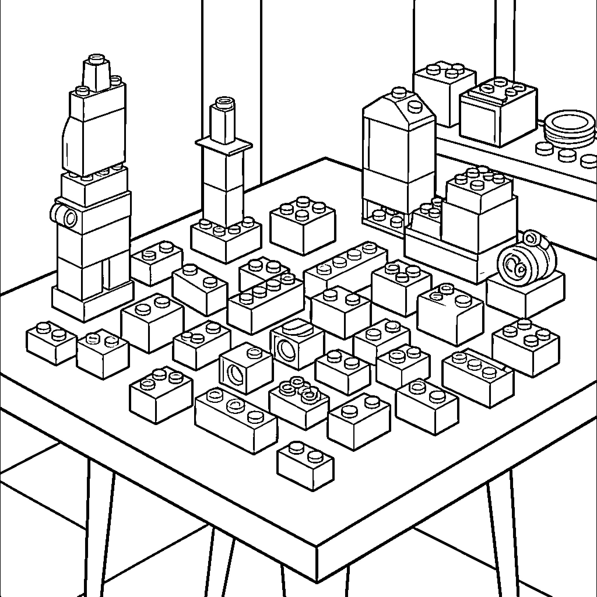 Lego Building Blocks on a Table Coloring Page (free black-and-white line drawing printable PDF for all, from beginners to advanced learners, including children, teens, adults, and seniors)