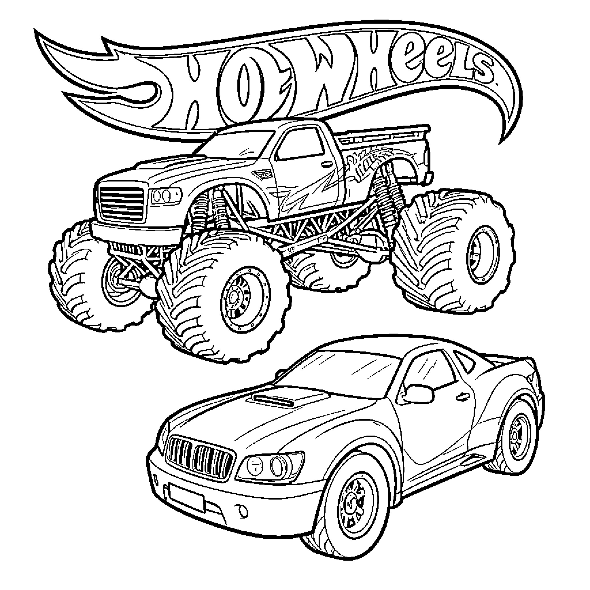 Bone Shaker monster truck and sports car scene Coloring Page (free black-and-white line drawing printable PDF for all, from beginners to advanced learners, including children, teens, adults, and seniors)