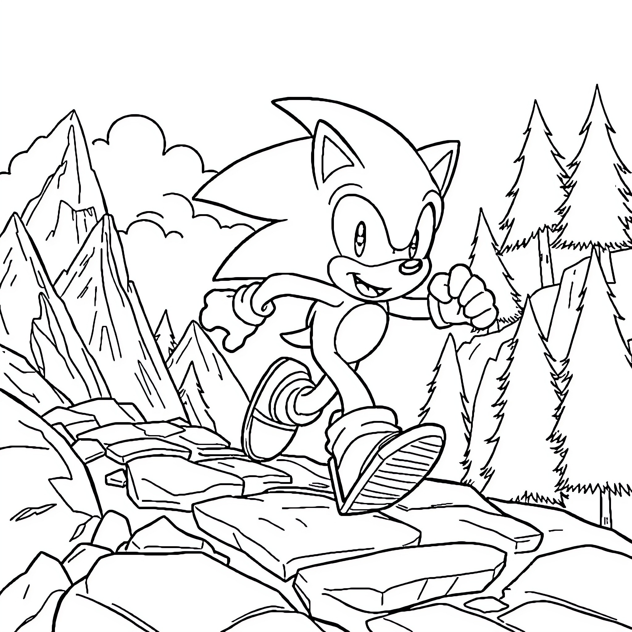 Sonic racing through a mountainous landscape Coloring Page (free black-and-white line drawing printable PDF for all, from beginners to advanced learners, including children, teens, adults, and seniors)