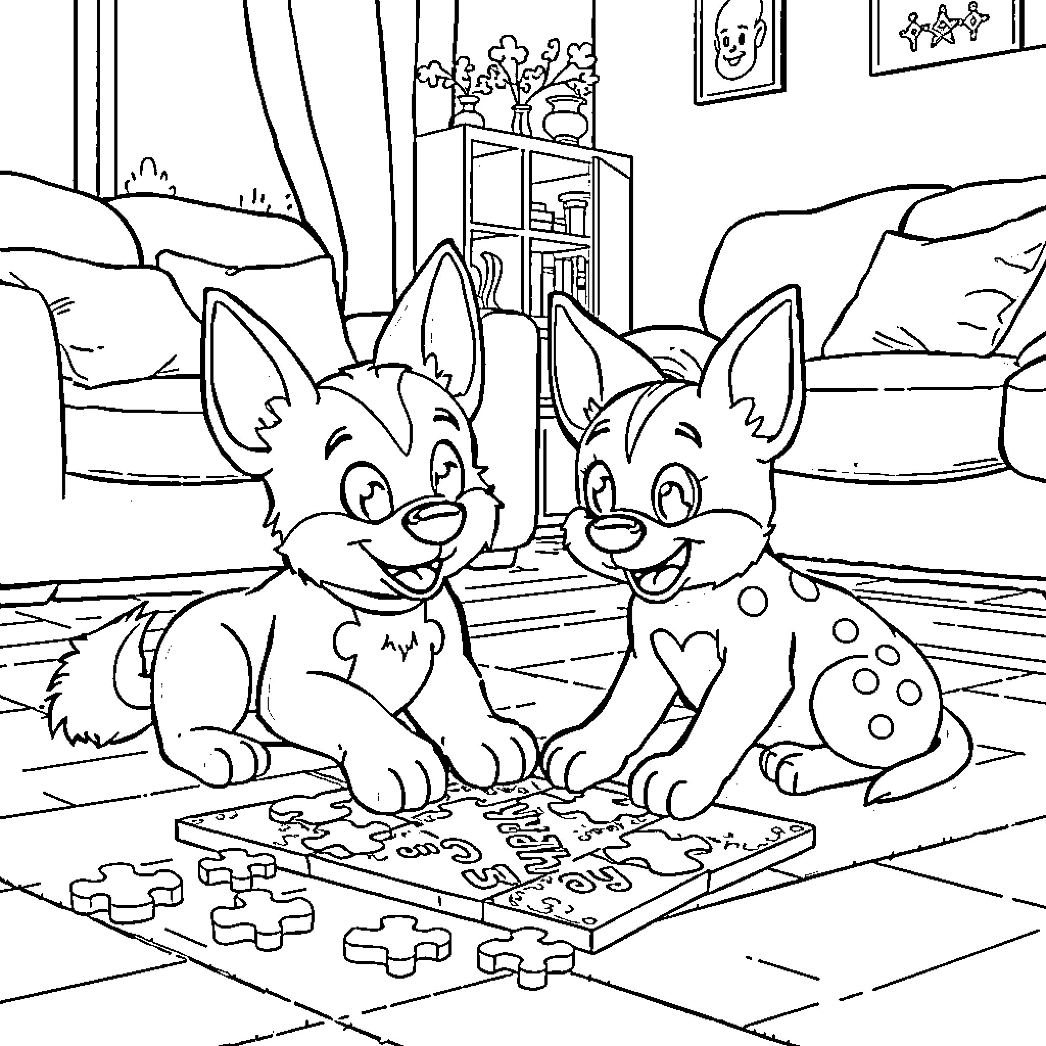 Bluey and Bingo playing with puzzle on the floor Coloring Page (free black-and-white line drawing printable PDF for all, from beginners to advanced learners, including children, teens, adults, and seniors)