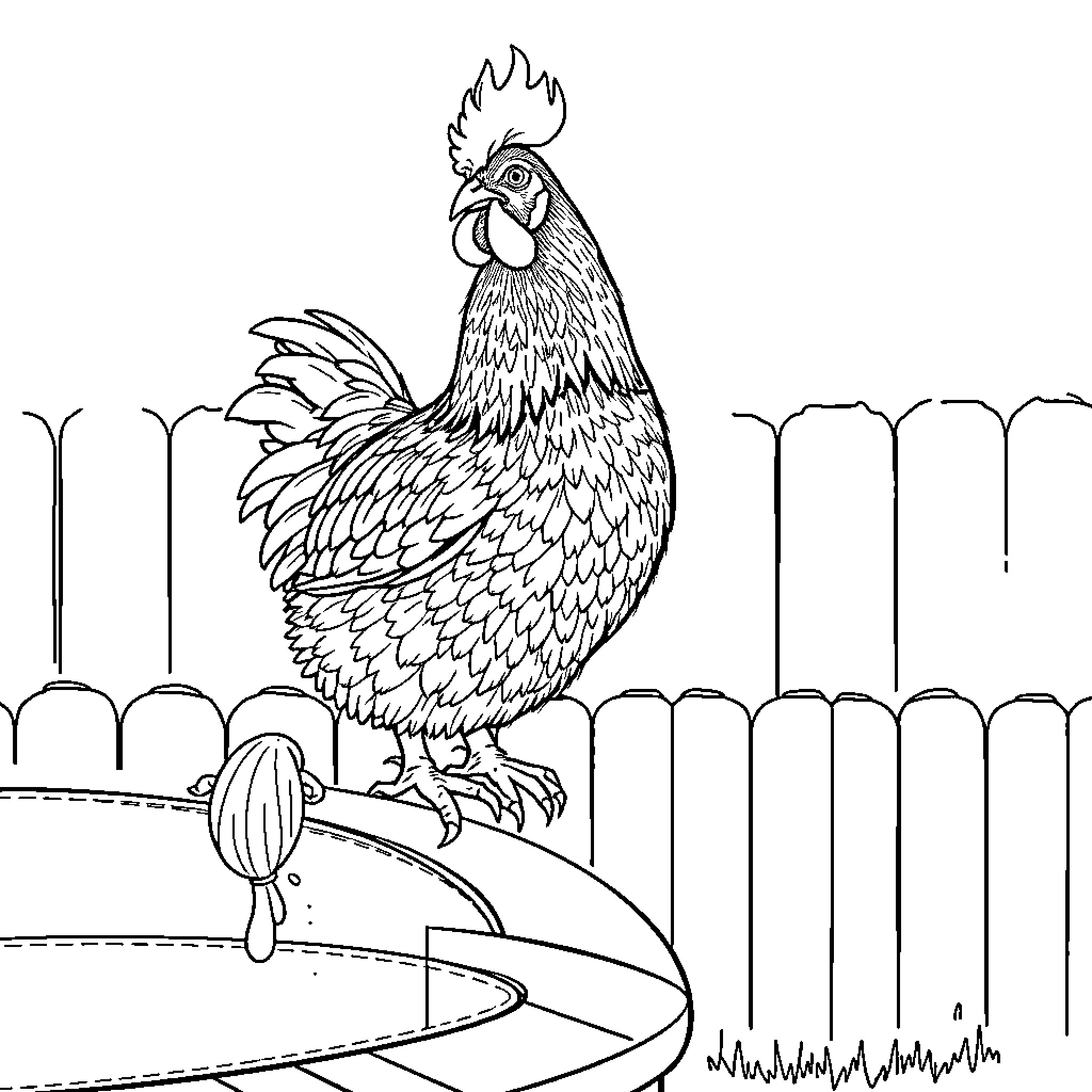 Bin Chicken Perched on Fence Coloring Page (free black-and-white line drawing printable PDF for all, from beginners to advanced learners, including children, teens, adults, and seniors)