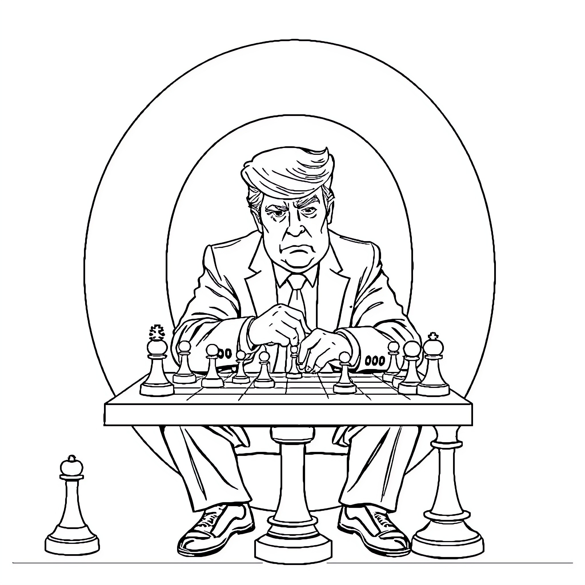 Donald Trump Playing Chess with Serious Expression Coloring Page (free black-and-white line drawing printable PDF for all, from beginners to advanced learners, including children, teens, adults, and seniors)