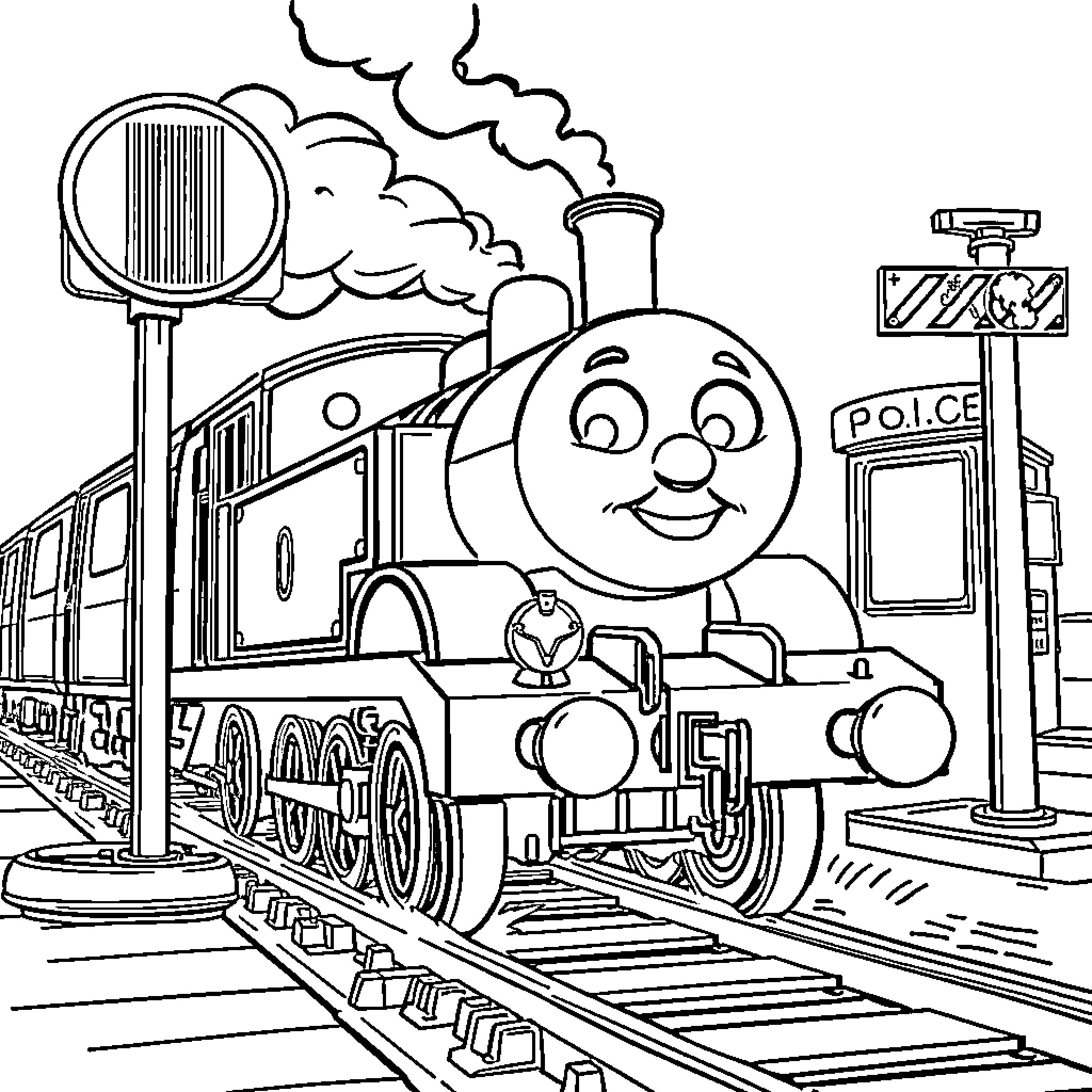 Thomas the Train Smiling Happily at the Railway Station Coloring Page (free black-and-white line drawing printable PDF for all, from beginners to advanced learners, including children, teens, adults, and seniors)