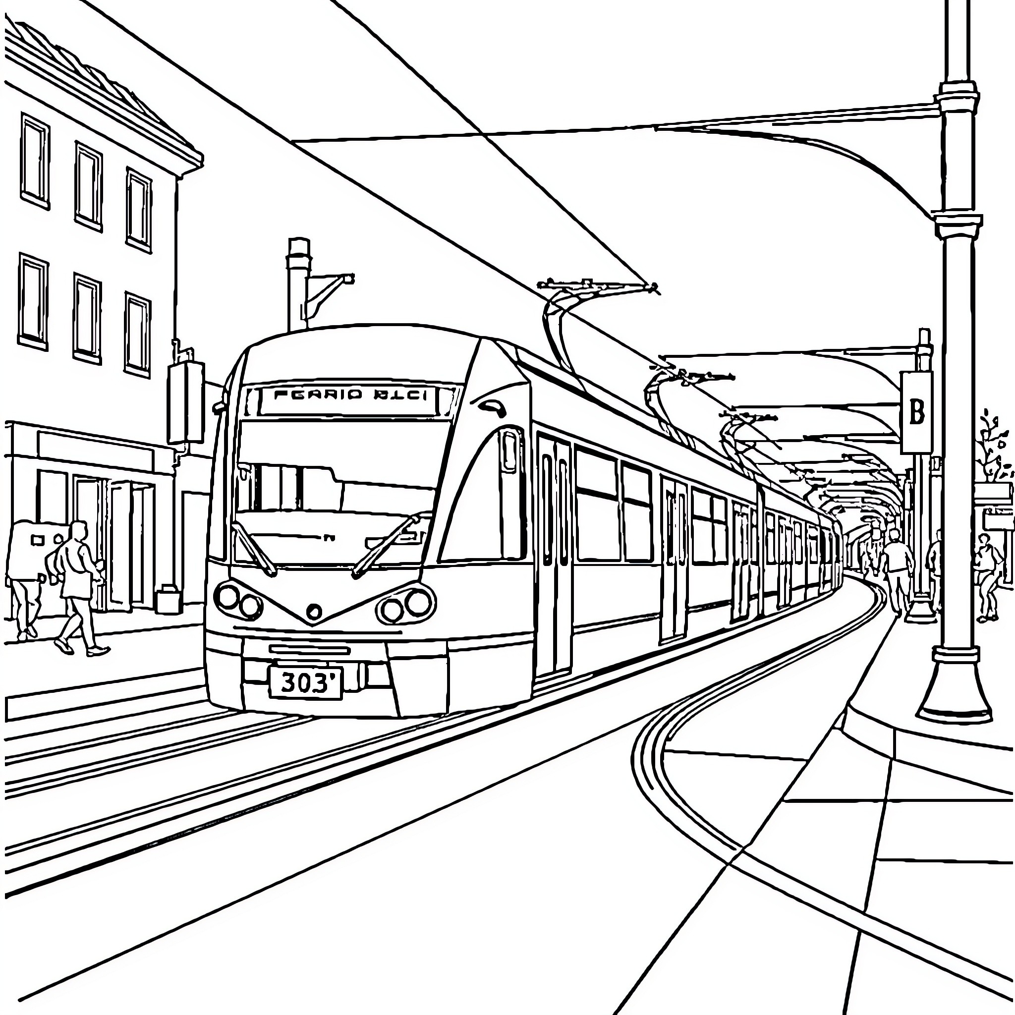 Tram moving through a city street Coloring Page (free black-and-white line drawing printable PDF for all, from beginners to advanced learners, including children, teens, adults, and seniors)