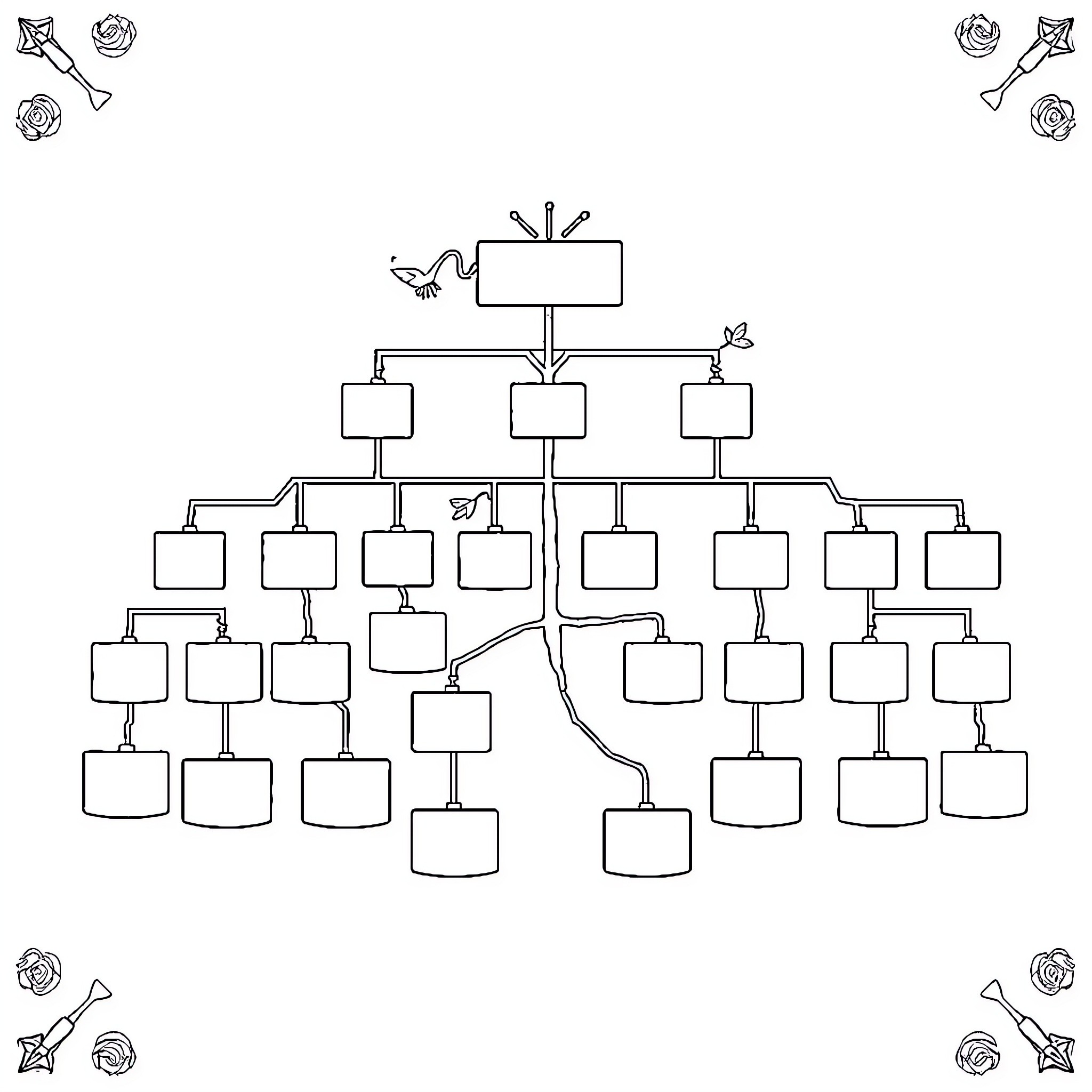Family Tree Diagram with Blank Nodes Coloring Page (free black-and-white line drawing printable PDF for all, from beginners to advanced learners, including children, teens, adults, and seniors)