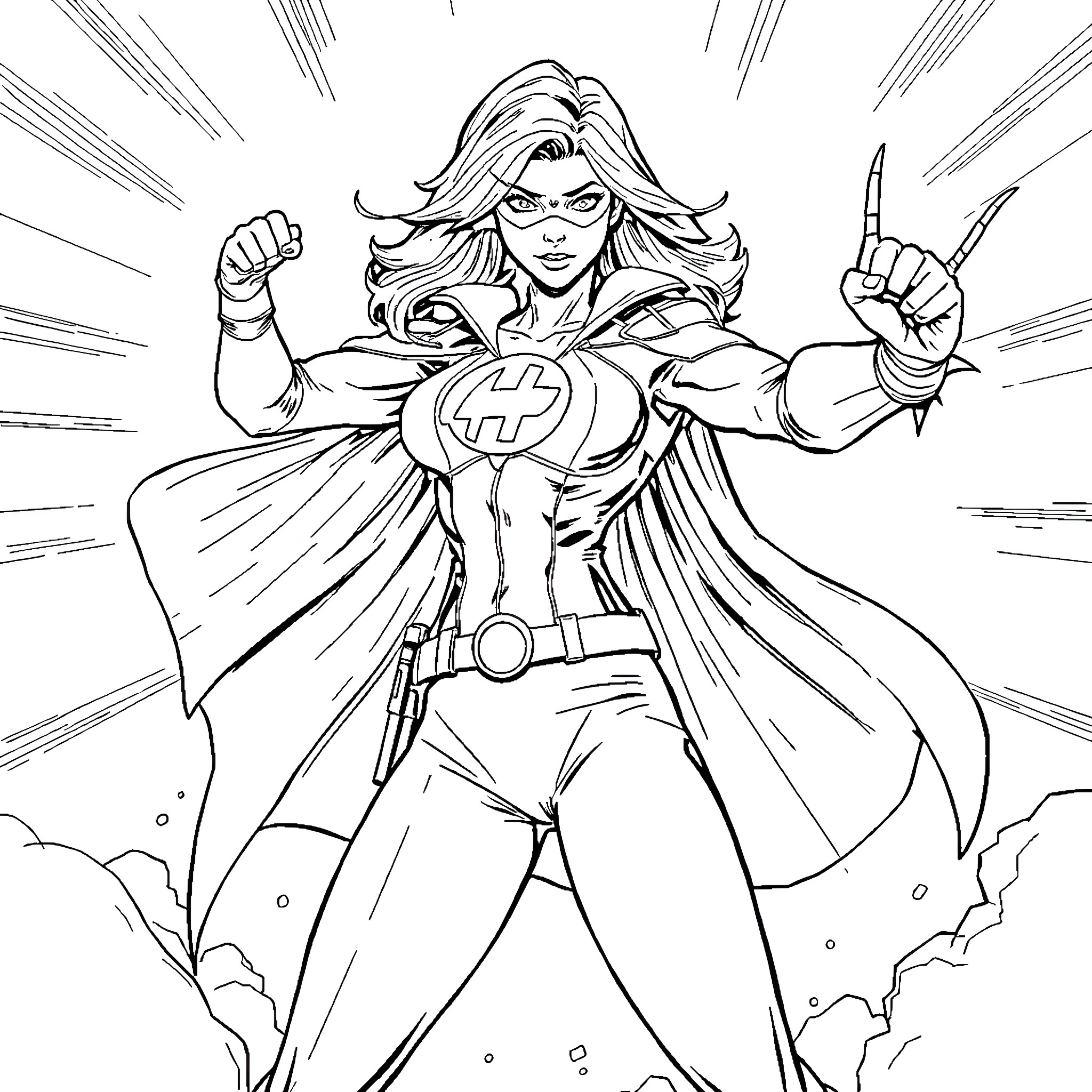 Female Superhero in Dramatic Action Pose Coloring Page (free black-and-white line drawing printable PDF for all, from beginners to advanced learners, including children, teens, adults, and seniors)