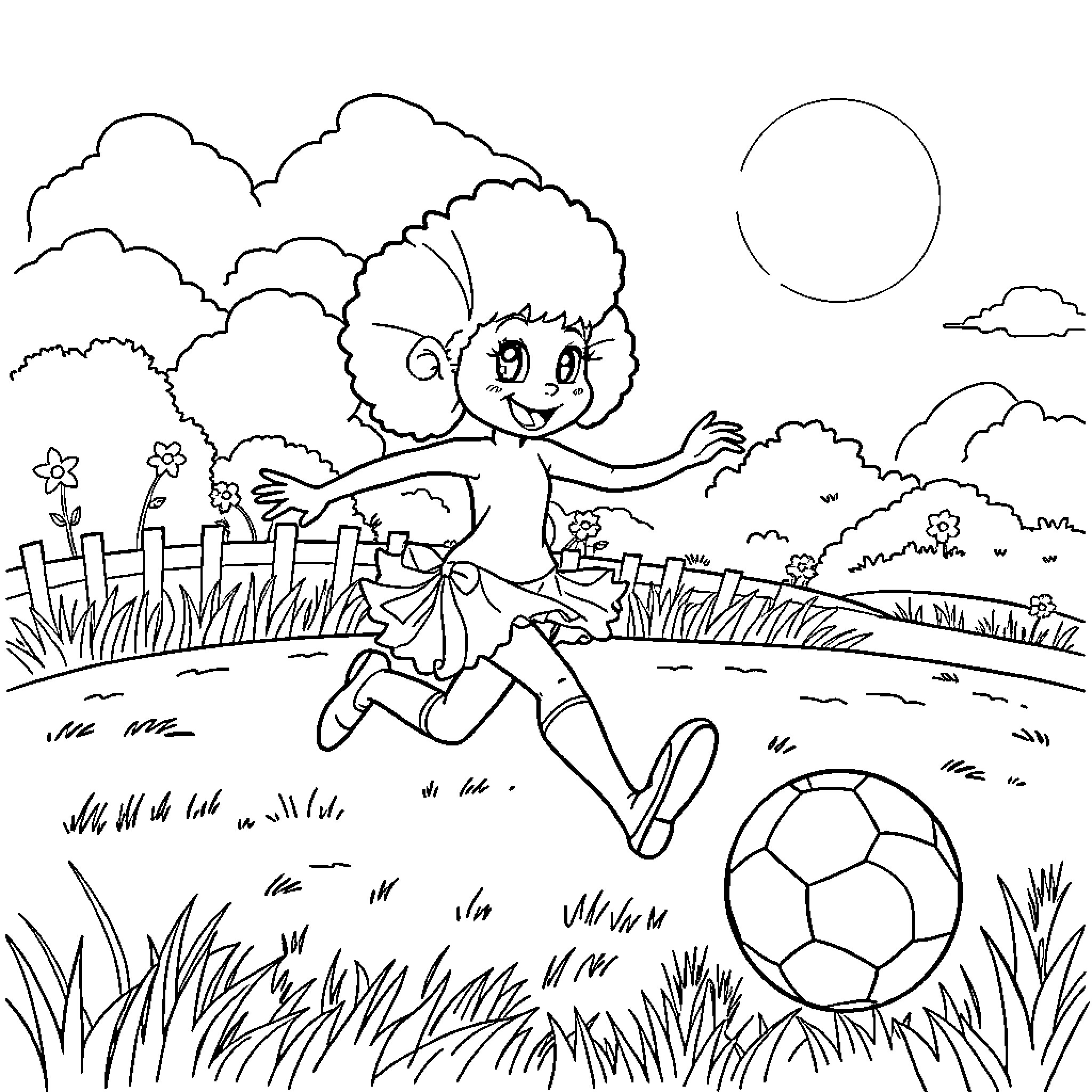 Poppy playing joyfully with a soccer ball in the park Coloring Page (free black-and-white line drawing printable PDF for all, from beginners to advanced learners, including children, teens, adults, and seniors)