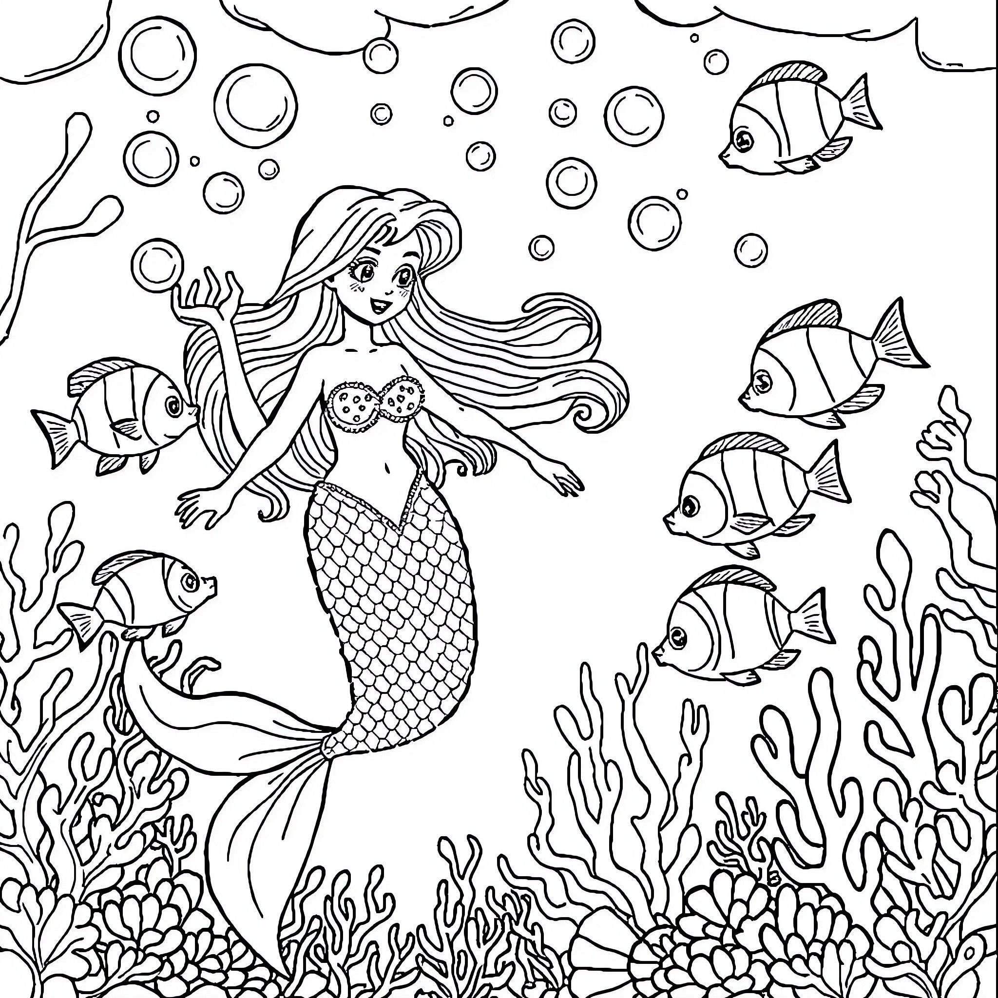 Mermaid enjoying underwater marine life scene Coloring Page (free black-and-white line drawing printable PDF for all, from beginners to advanced learners, including children, teens, adults, and seniors)