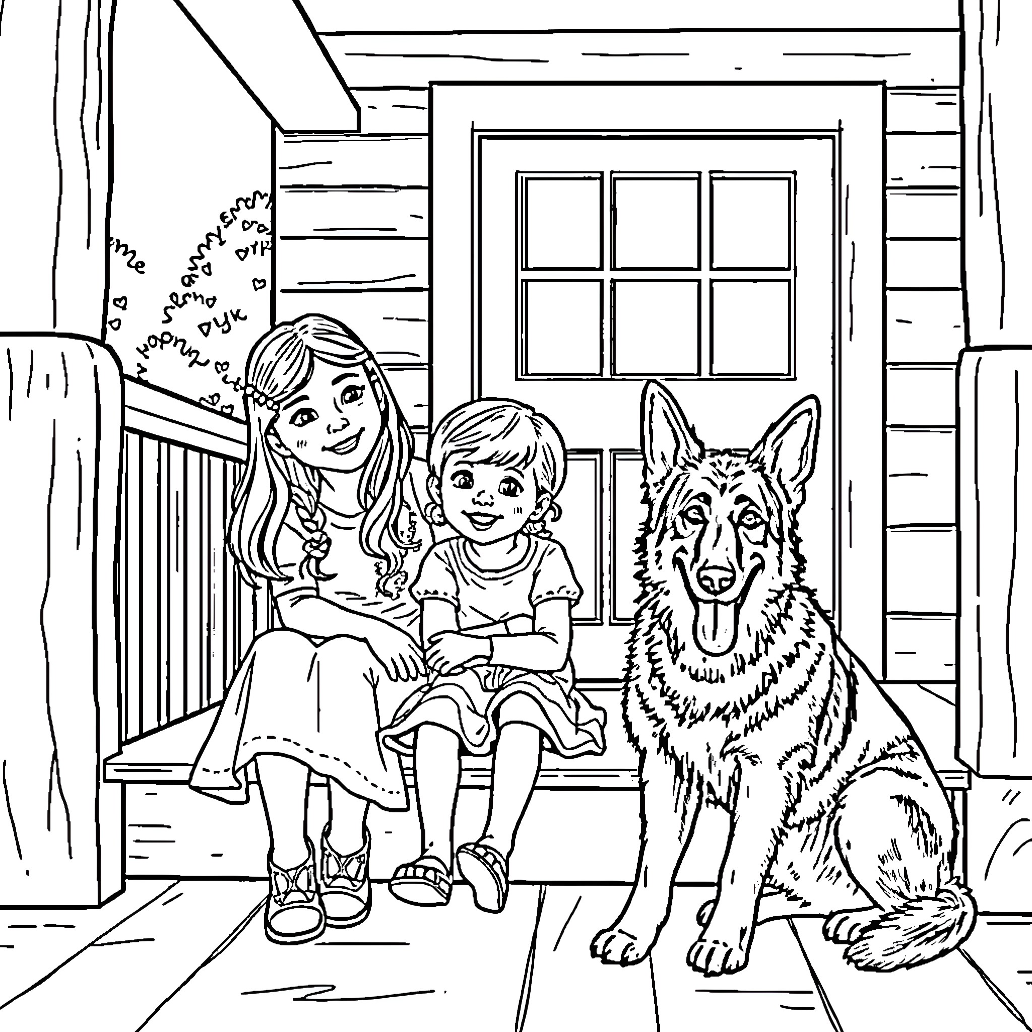 Dog and children playing on porch Coloring Page (free black-and-white line drawing printable PDF for all, from beginners to advanced learners, including children, teens, adults, and seniors)