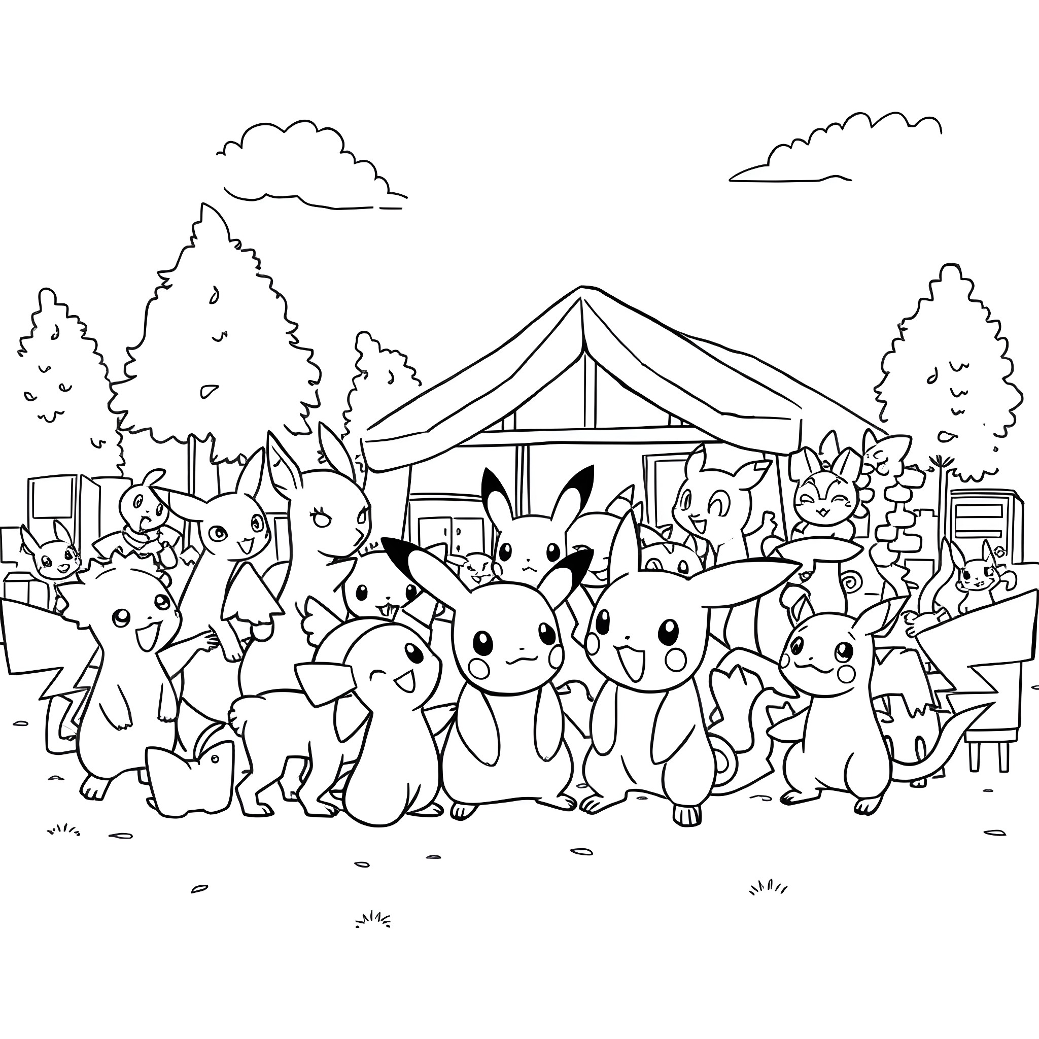 Pokémon characters in a camping scene Coloring Page (free black-and-white line drawing printable PDF for all, from beginners to advanced learners, including children, teens, adults, and seniors)