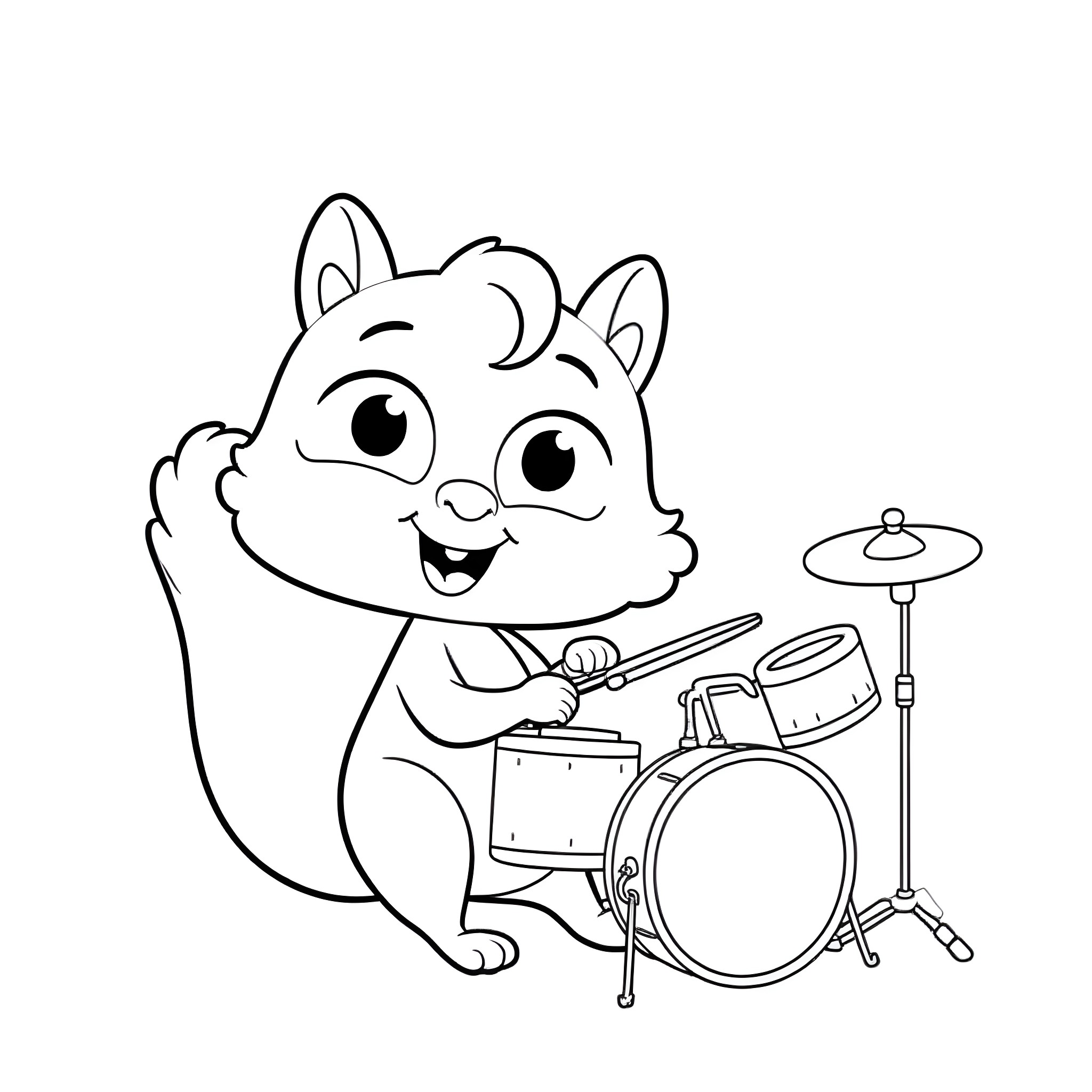 Squirrel playing the drums with enthusiasm Coloring Page (free black-and-white line drawing printable PDF for all, from beginners to advanced learners, including children, teens, adults, and seniors)