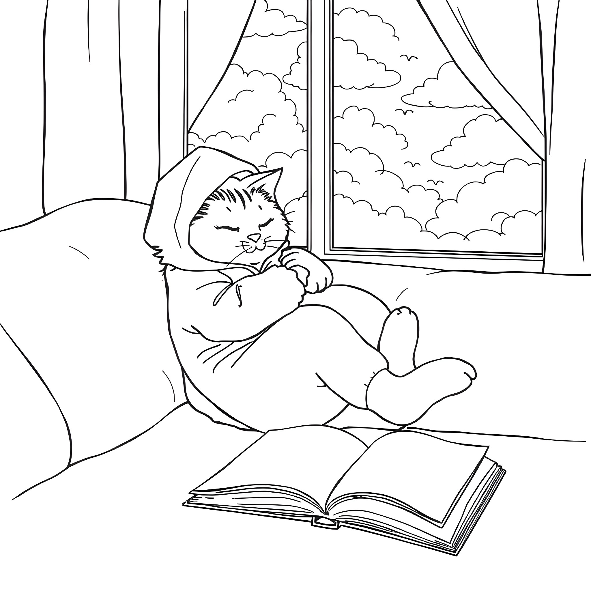 Cat relaxing while reading a book by the window Coloring Page (free black-and-white line drawing printable PDF for all, from beginners to advanced learners, including children, teens, adults, and seniors)