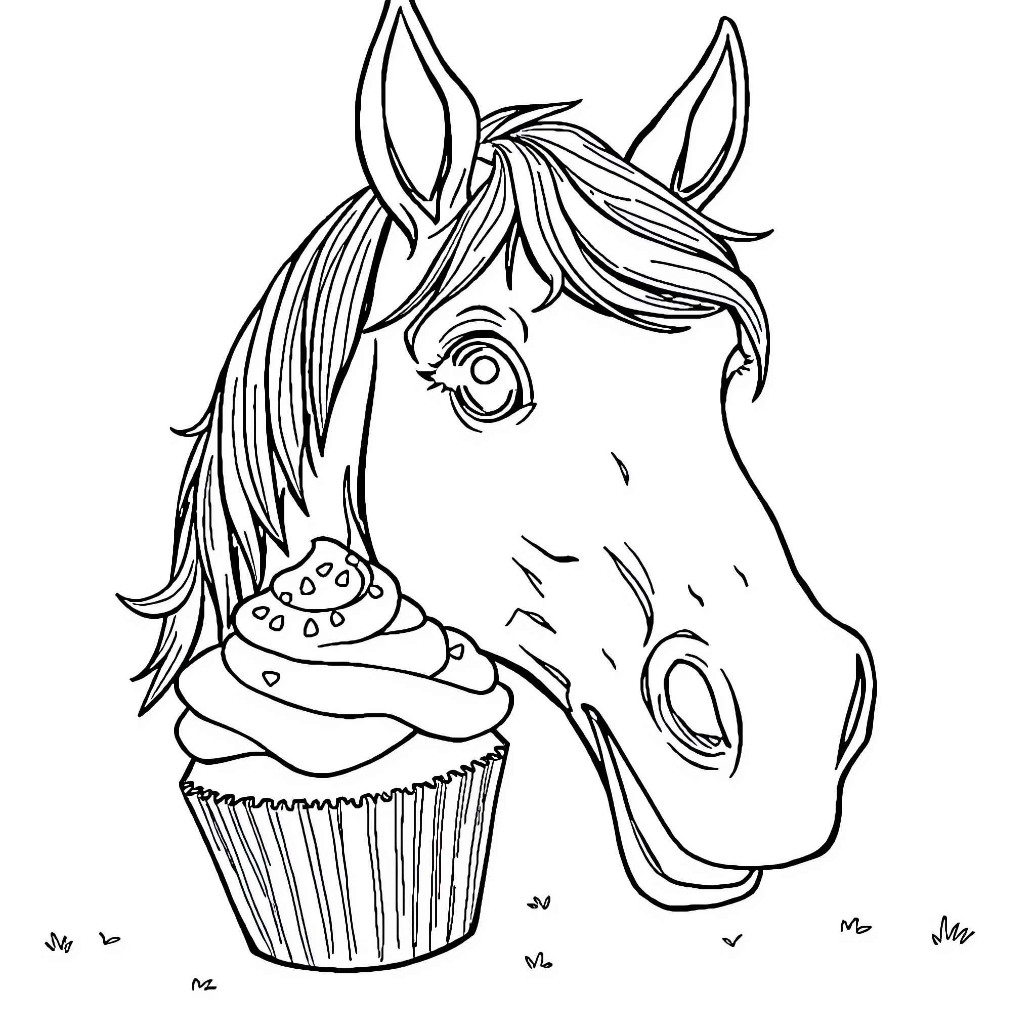 Horse with Cupcake Delight Coloring Page (free black-and-white line drawing printable PDF for all, from beginners to advanced learners, including children, teens, adults, and seniors)