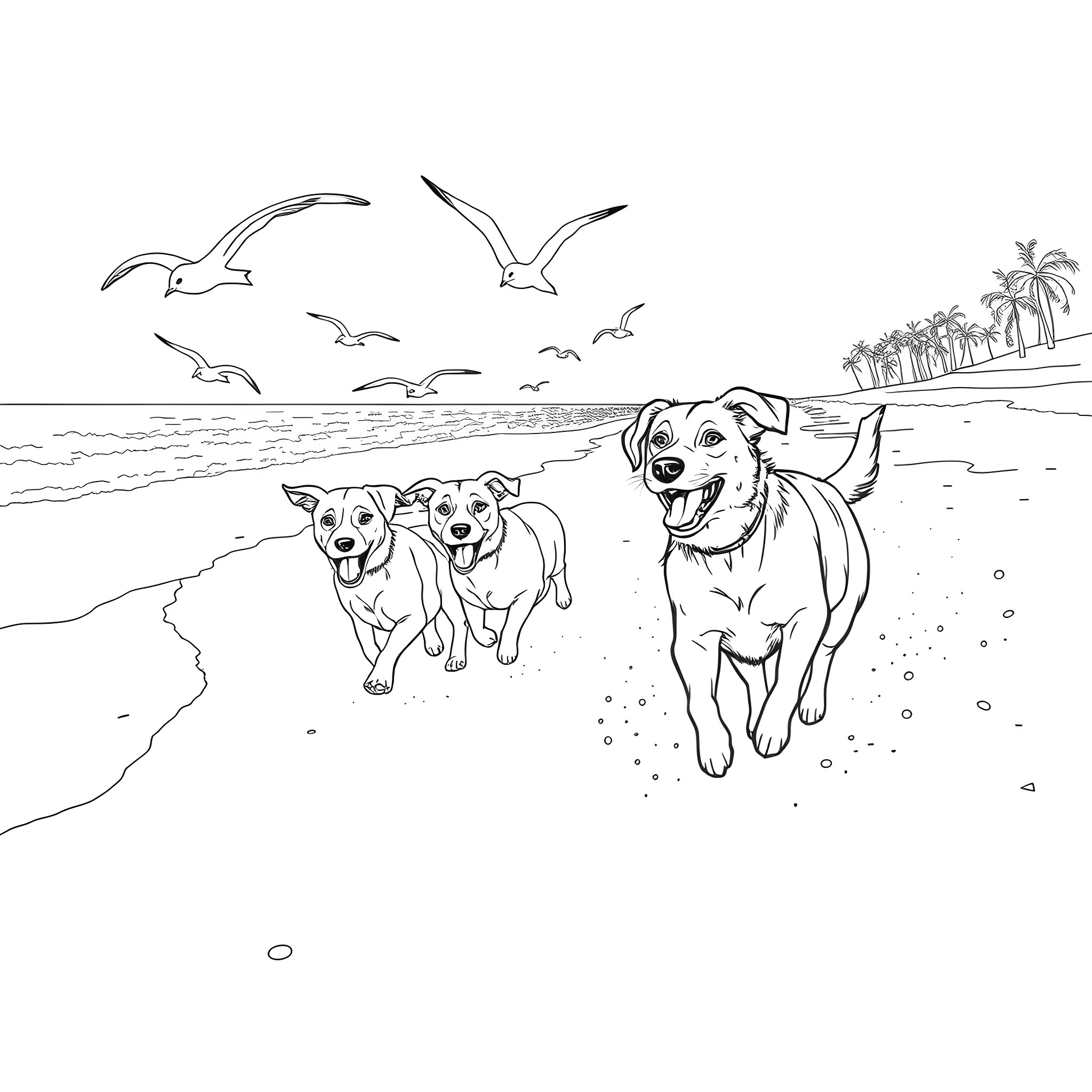 Dogs playing happily on the beach Coloring Page (free black-and-white line drawing printable PDF for all, from beginners to advanced learners, including children, teens, adults, and seniors)