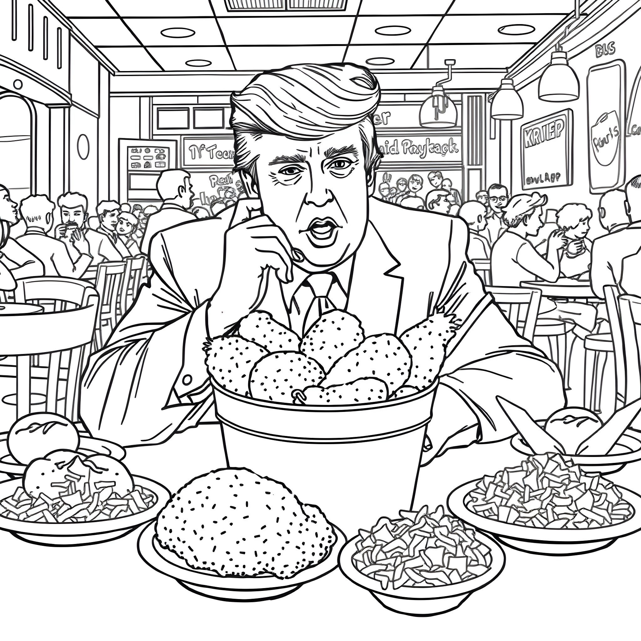 Donald Trump Enjoying Fast Food in a Diner Coloring Page (free black-and-white line drawing printable PDF for all, from beginners to advanced learners, including children, teens, adults, and seniors)