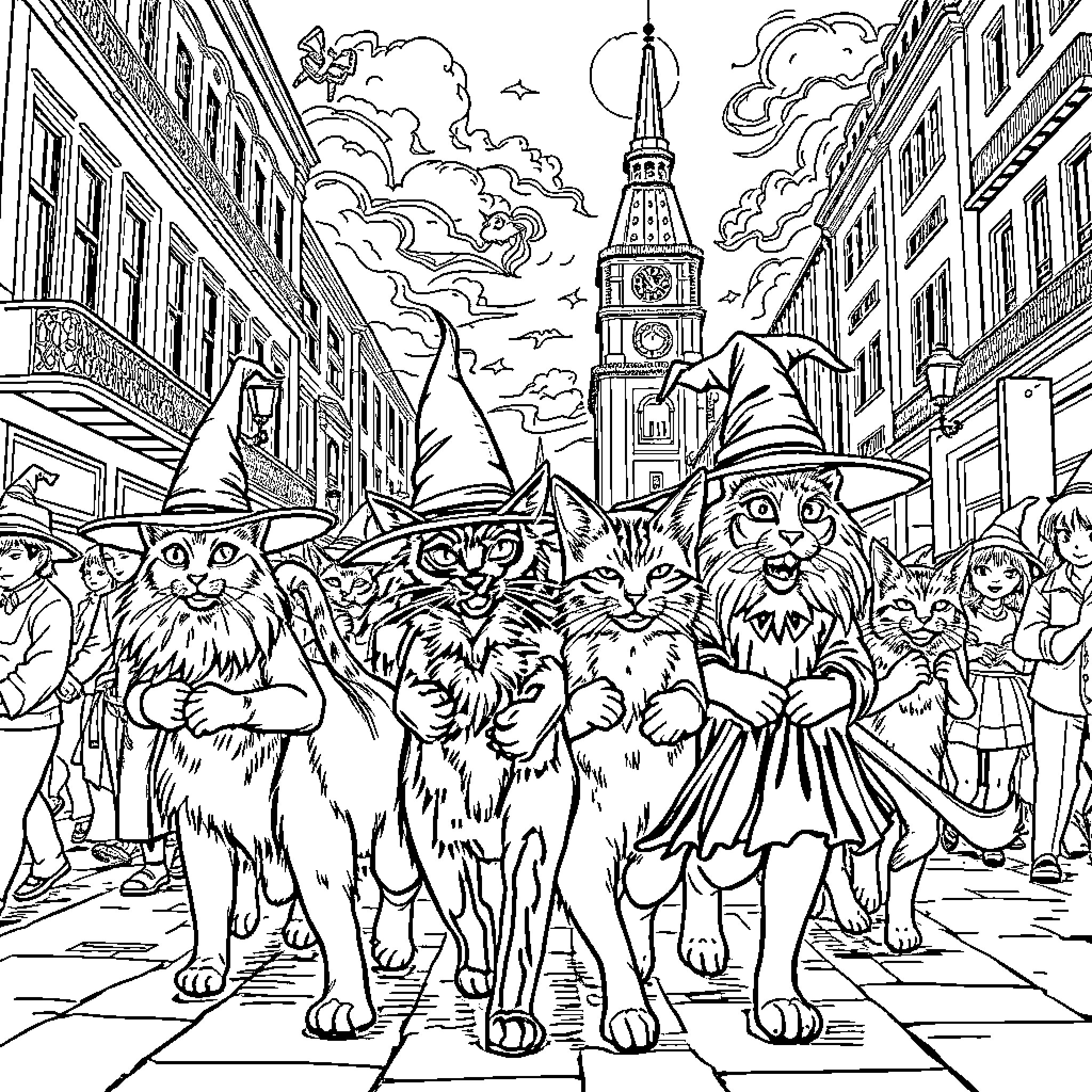 Cats in Magical Costumes on the City Street Coloring Page (free black-and-white line drawing printable PDF for all, from beginners to advanced learners, including children, teens, adults, and seniors)