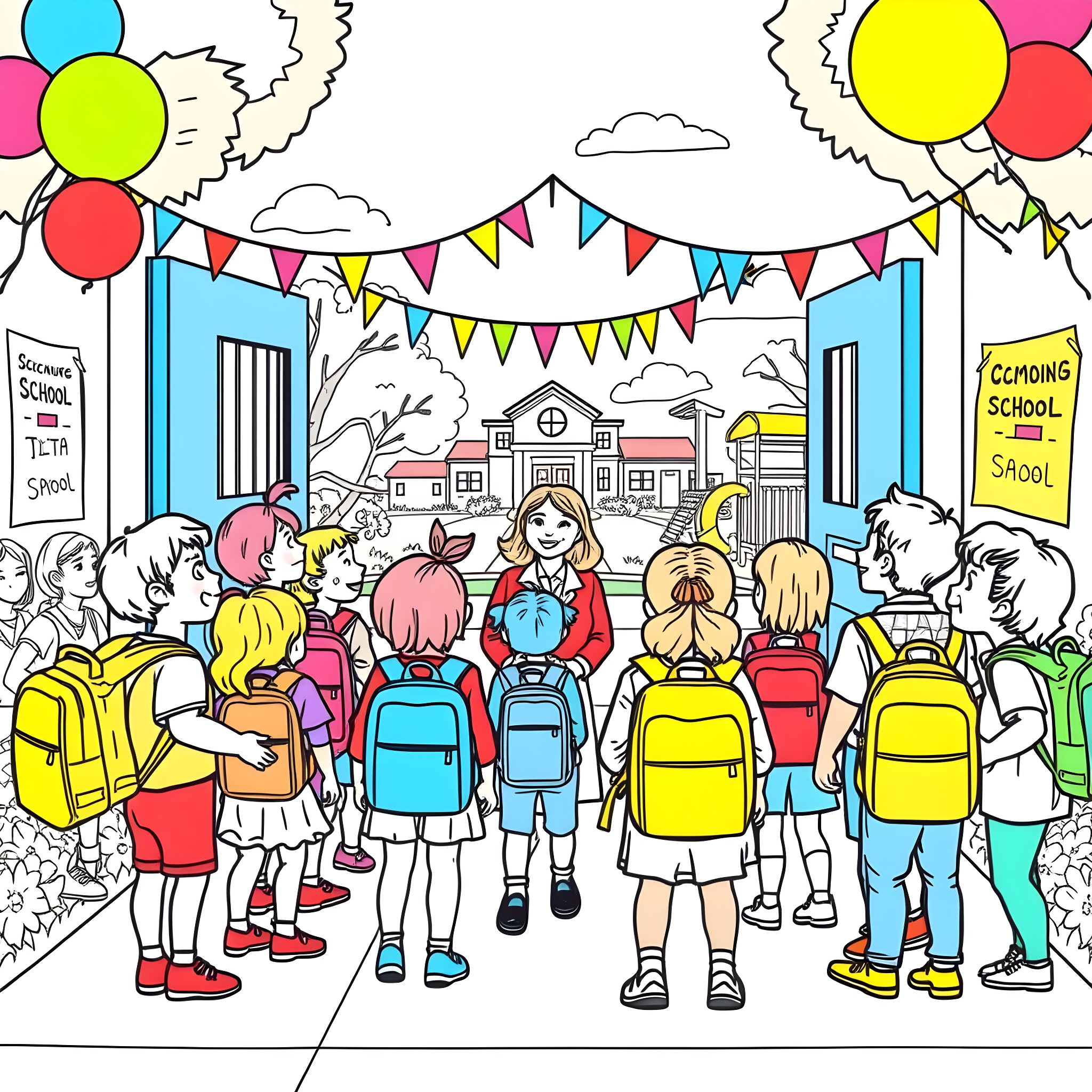 School celebration with students, colorful balloons, and festive decorations Coloring Page (free black-and-white line drawing printable PDF for all, from beginners to advanced learners, including children, teens, adults, and seniors)