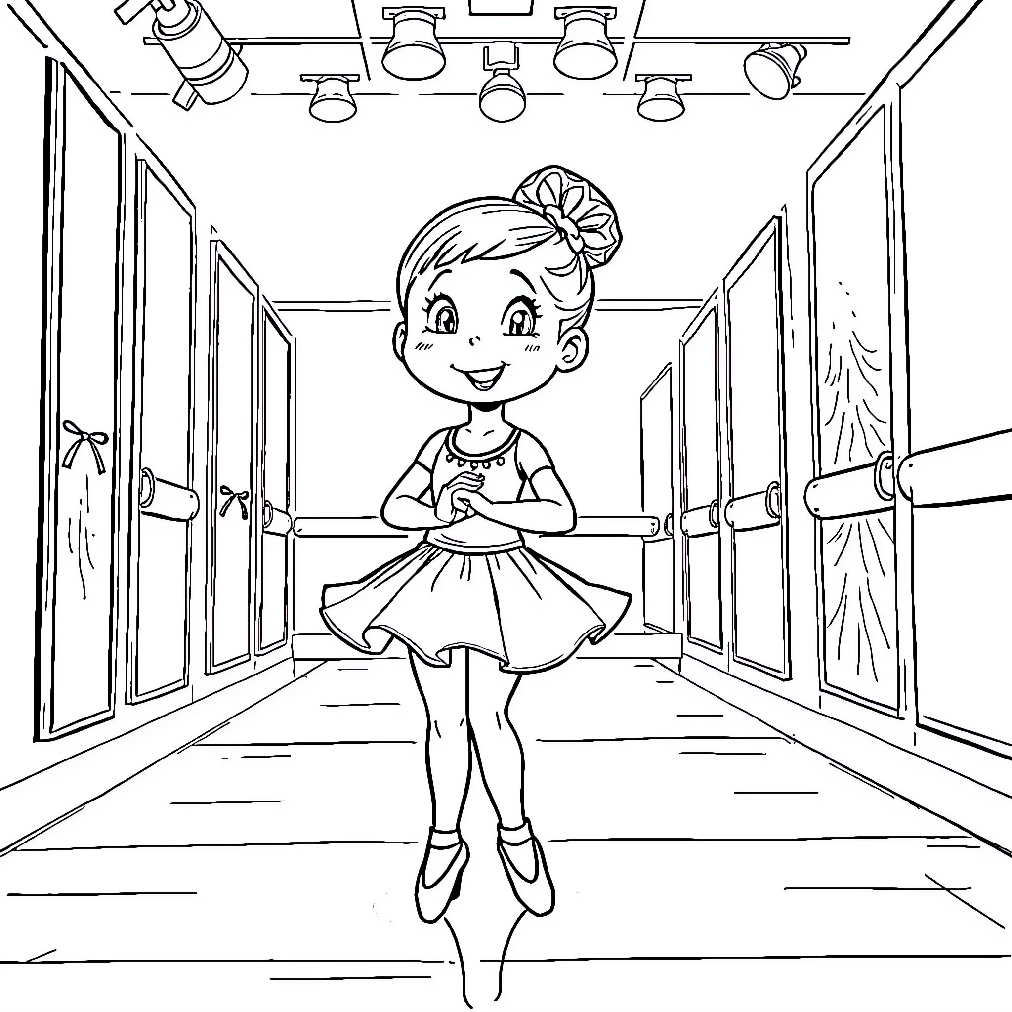 Ballet Dancer Performing on Stage Coloring Page (free black-and-white line drawing printable PDF for all, from beginners to advanced learners, including children, teens, adults, and seniors)