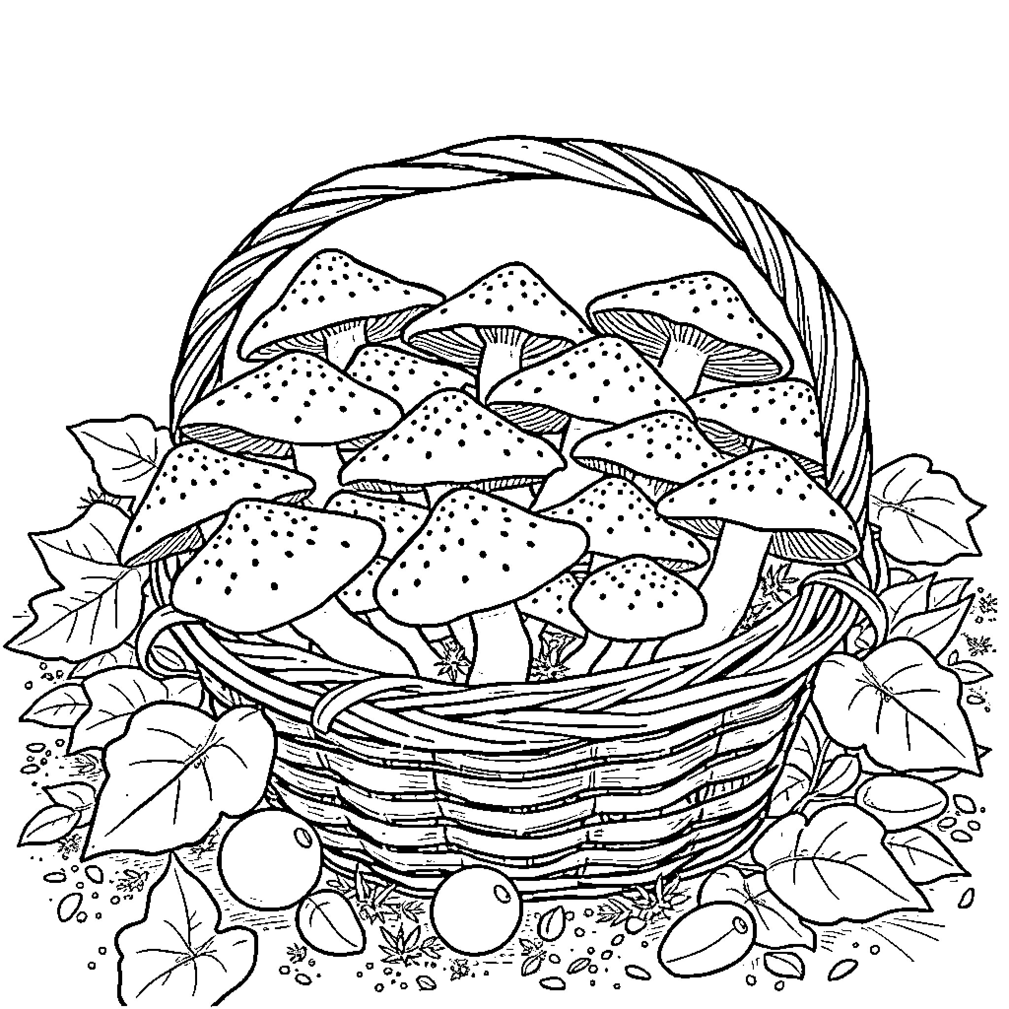 Chanterelle Mushroom Basket Filled with Nature's Bounty Coloring Page (free black-and-white line drawing printable PDF for all, from beginners to advanced learners, including children, teens, adults, and seniors)