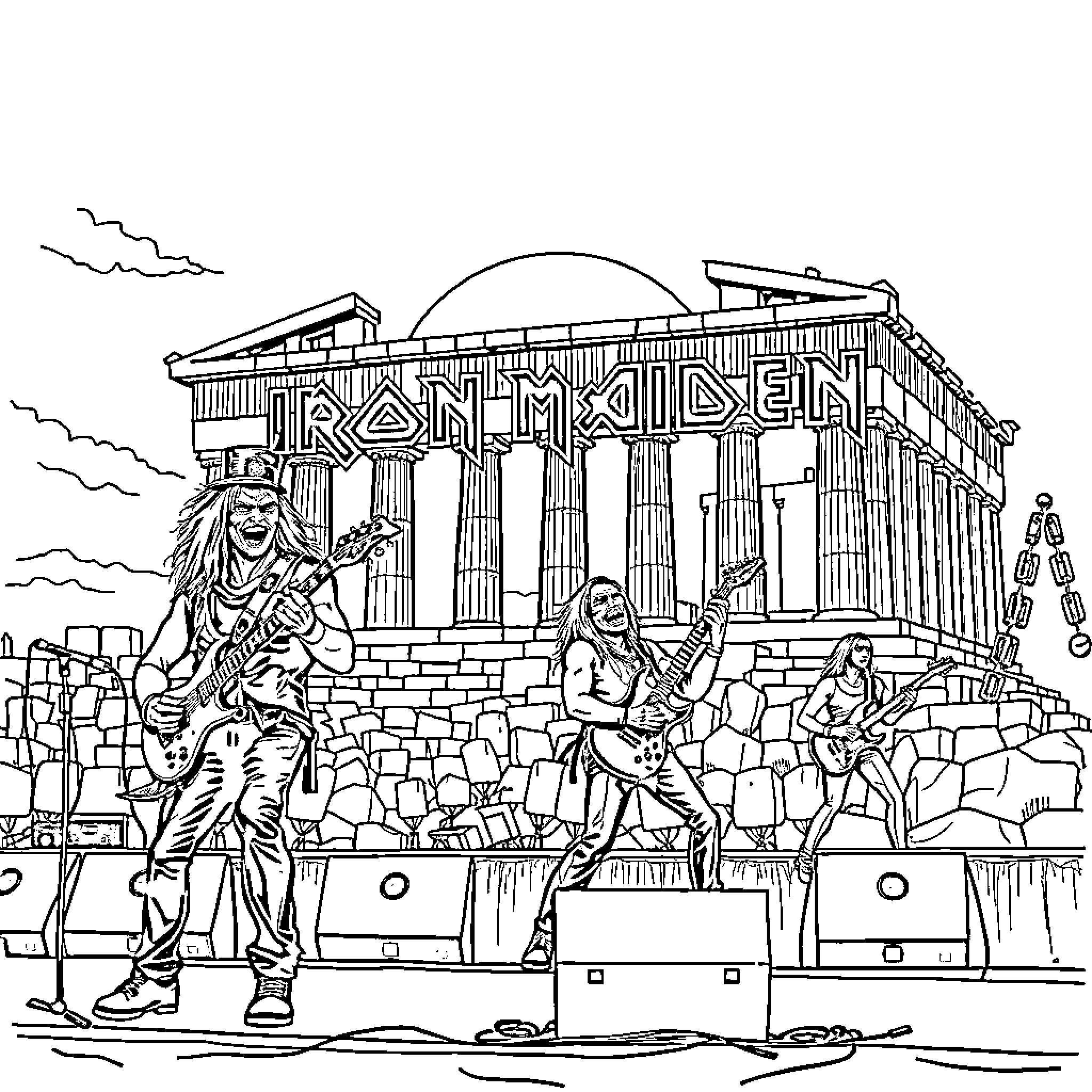 Iron Maiden performing on stage with intense energy Coloring Page (free black-and-white line drawing printable PDF for all, from beginners to advanced learners, including children, teens, adults, and seniors)