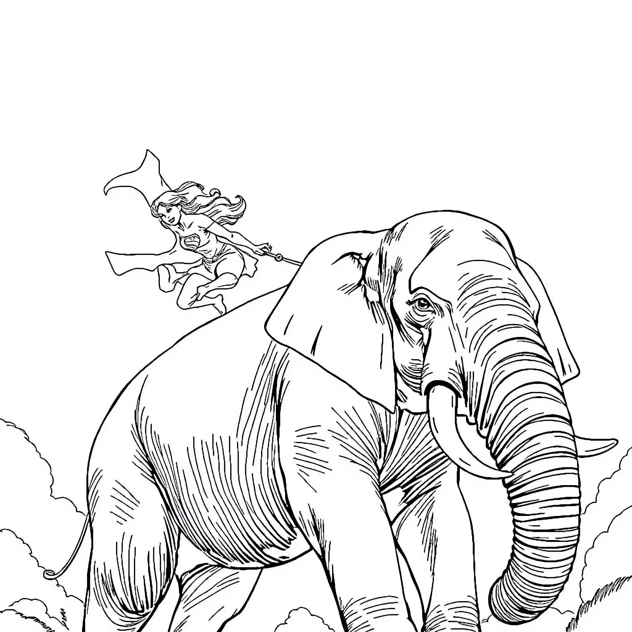 Super Girl Riding on a Mighty Elephant Coloring Page (free black-and-white line drawing printable PDF for all, from beginners to advanced learners, including children, teens, adults, and seniors)