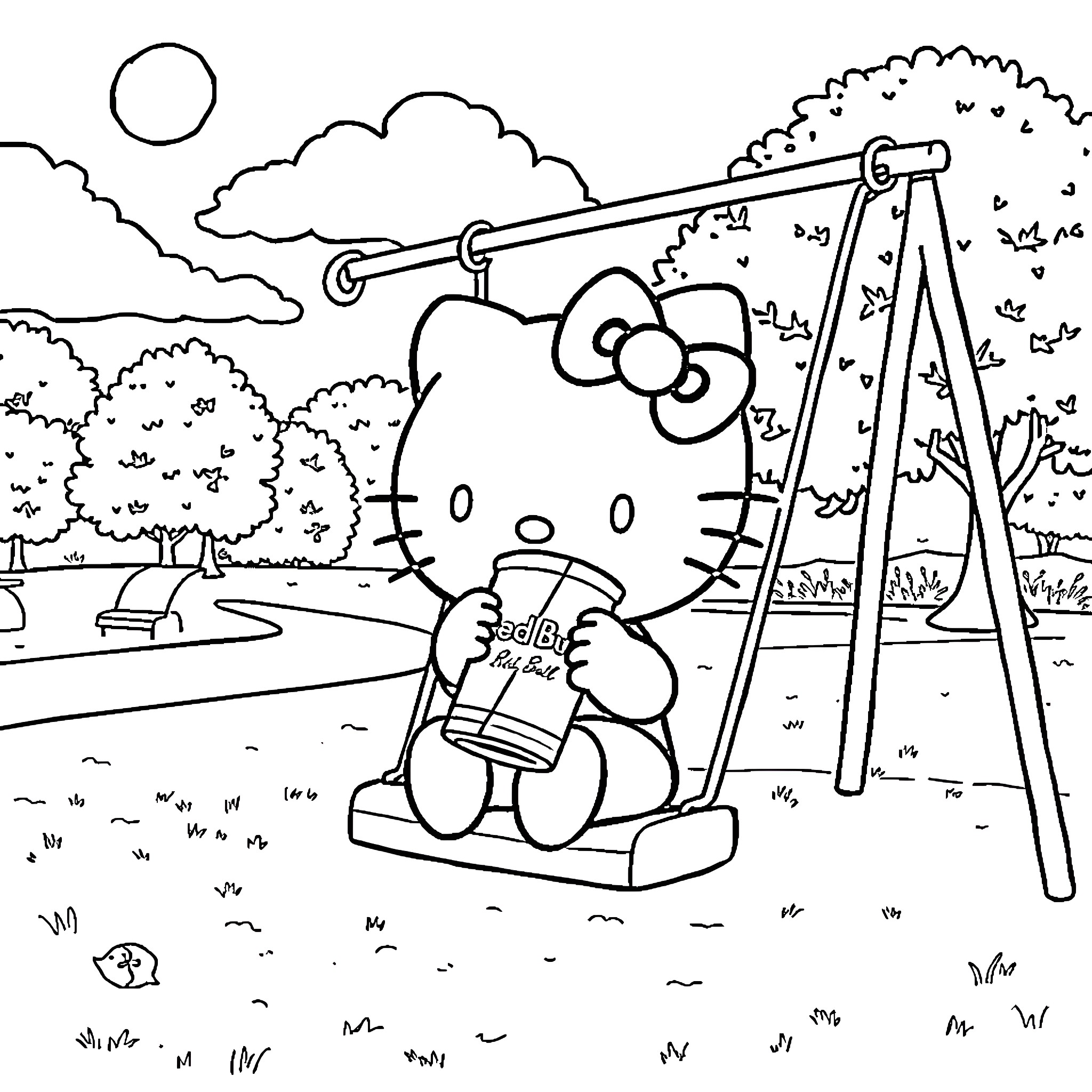 Hello Kitty enjoys swing ride in the park Coloring Page (free black-and-white line drawing printable PDF for all, from beginners to advanced learners, including children, teens, adults, and seniors)