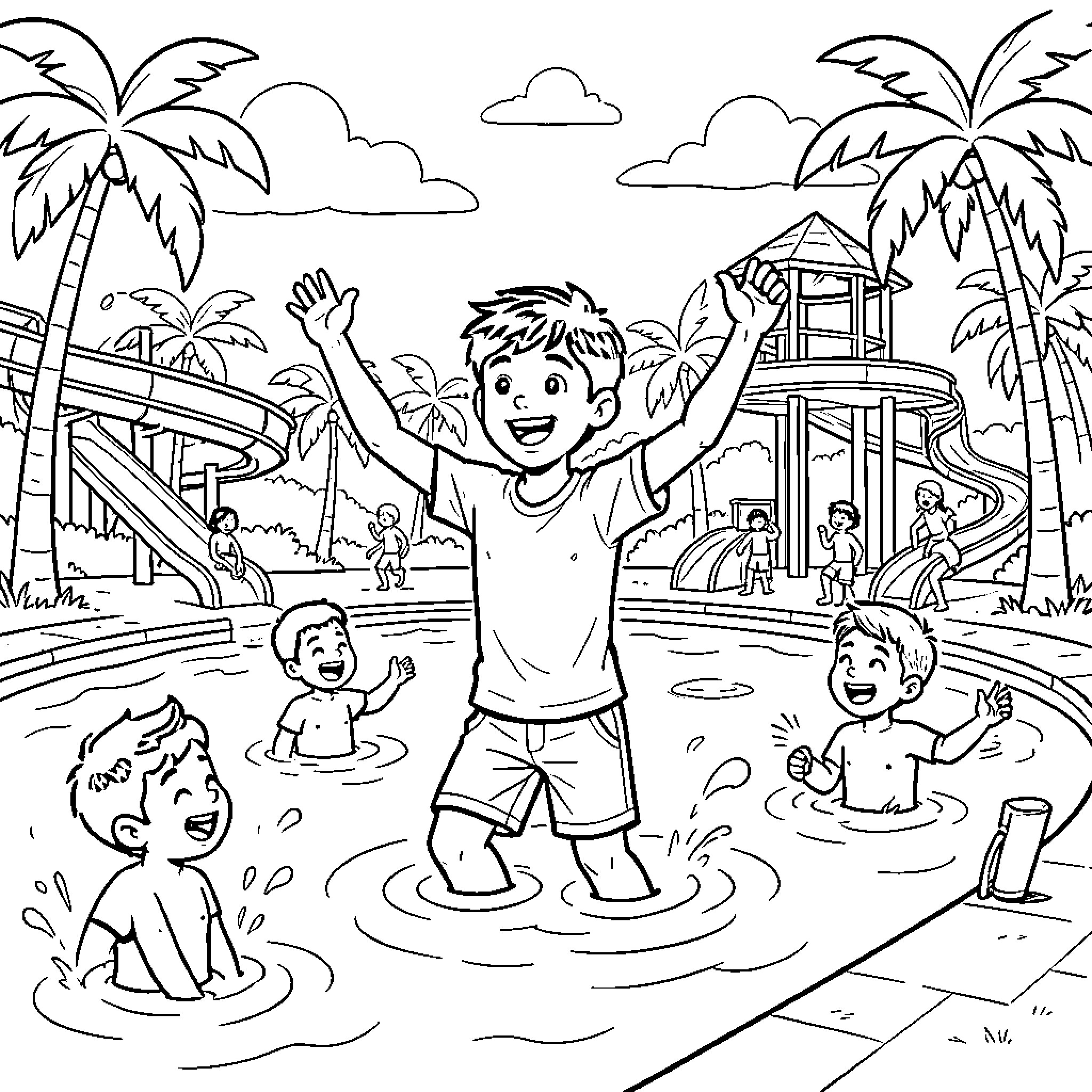 Lamine Yamal celebrating joyfully at a water park Coloring Page (free black-and-white line drawing printable PDF for all, from beginners to advanced learners, including children, teens, adults, and seniors)