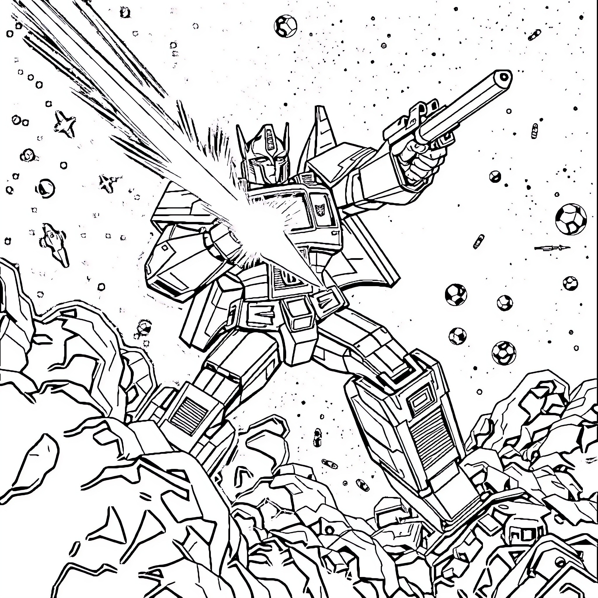 Optimus Prime battling in space with cosmic debris Coloring Page (free black-and-white line drawing printable PDF for all, from beginners to advanced learners, including children, teens, adults, and seniors)