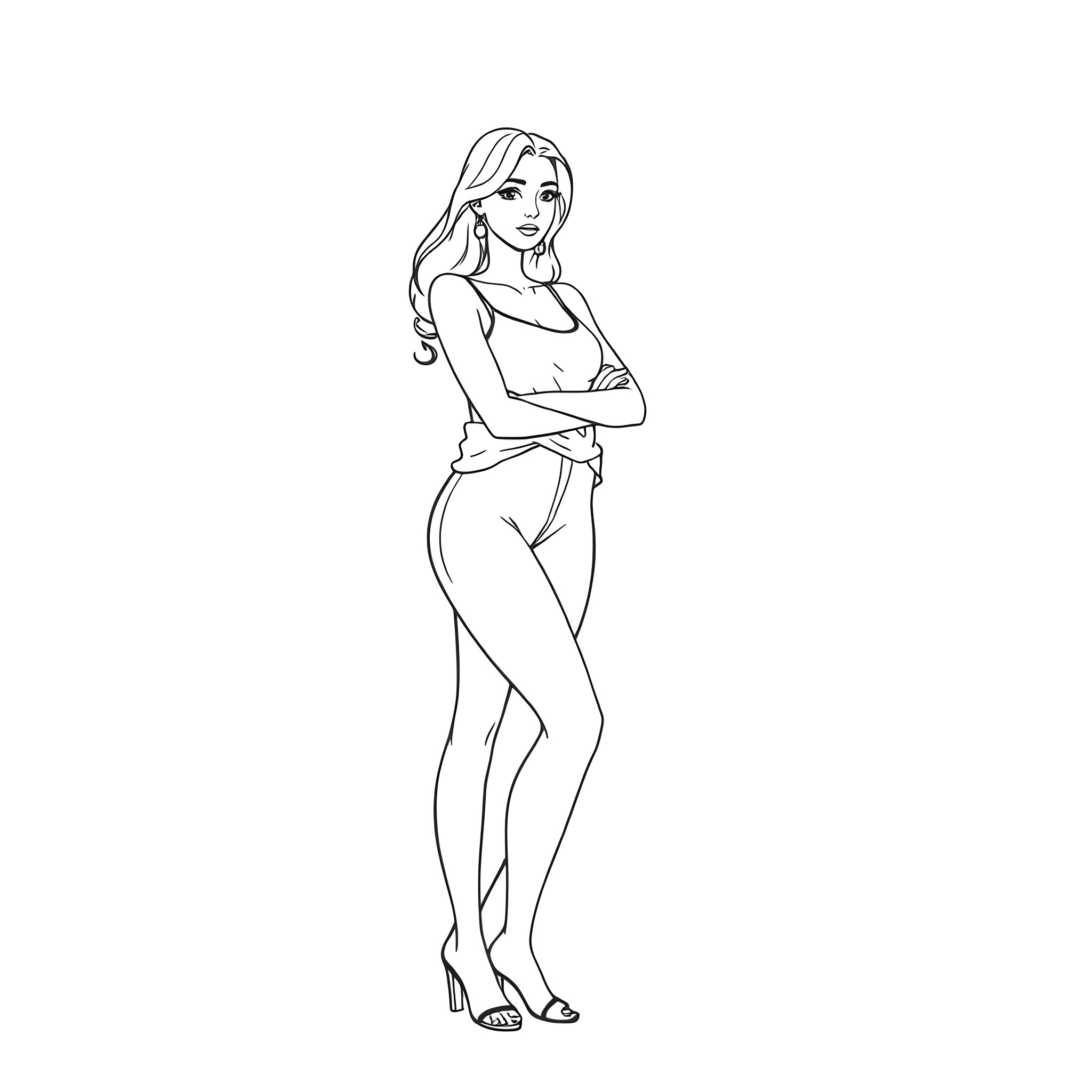 Woman standing with arms crossed Coloring Page (free black-and-white line drawing printable PDF for all, from beginners to advanced learners, including children, teens, adults, and seniors)