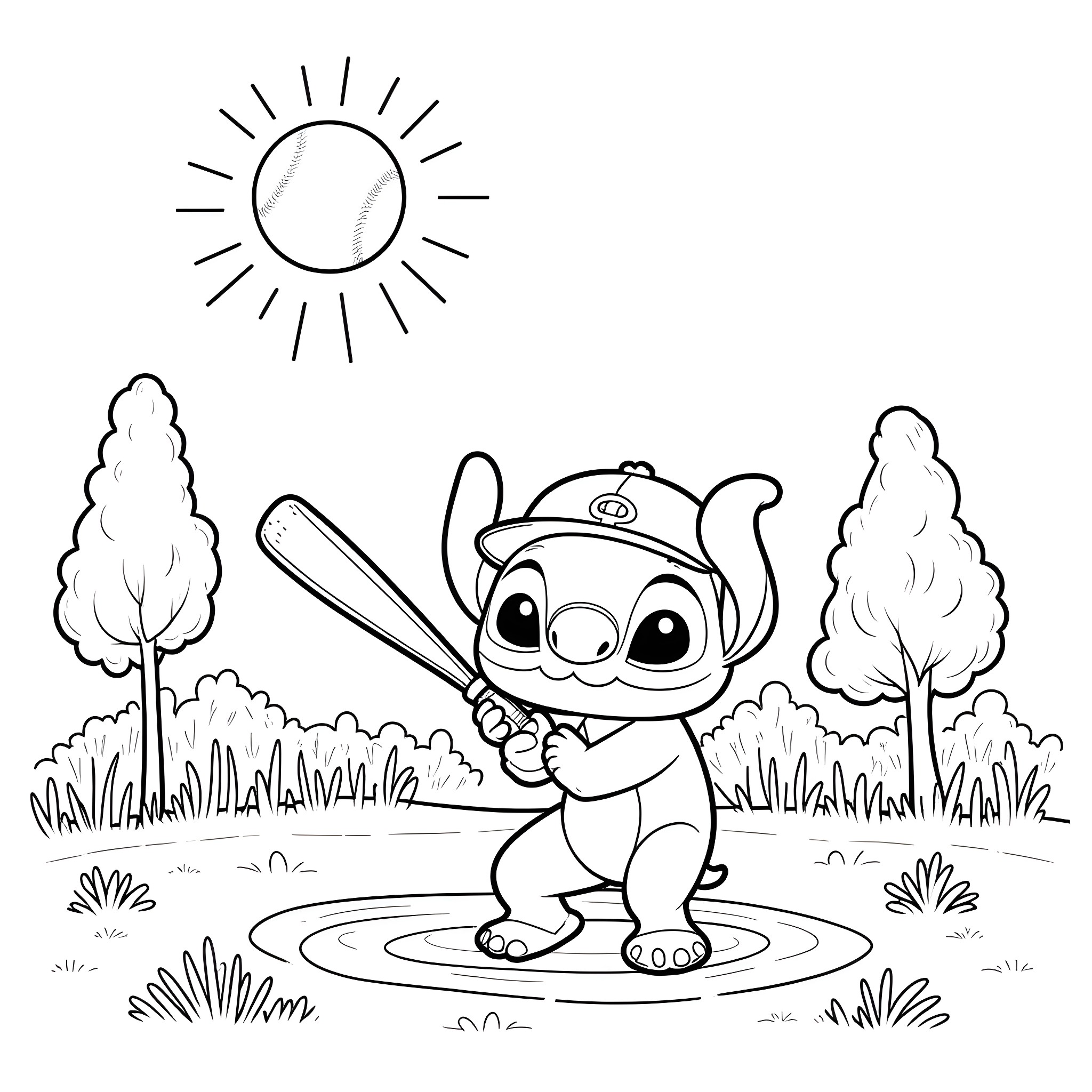 Stitch playing baseball under the sun Coloring Page (free black-and-white line drawing printable PDF for all, from beginners to advanced learners, including children, teens, adults, and seniors)